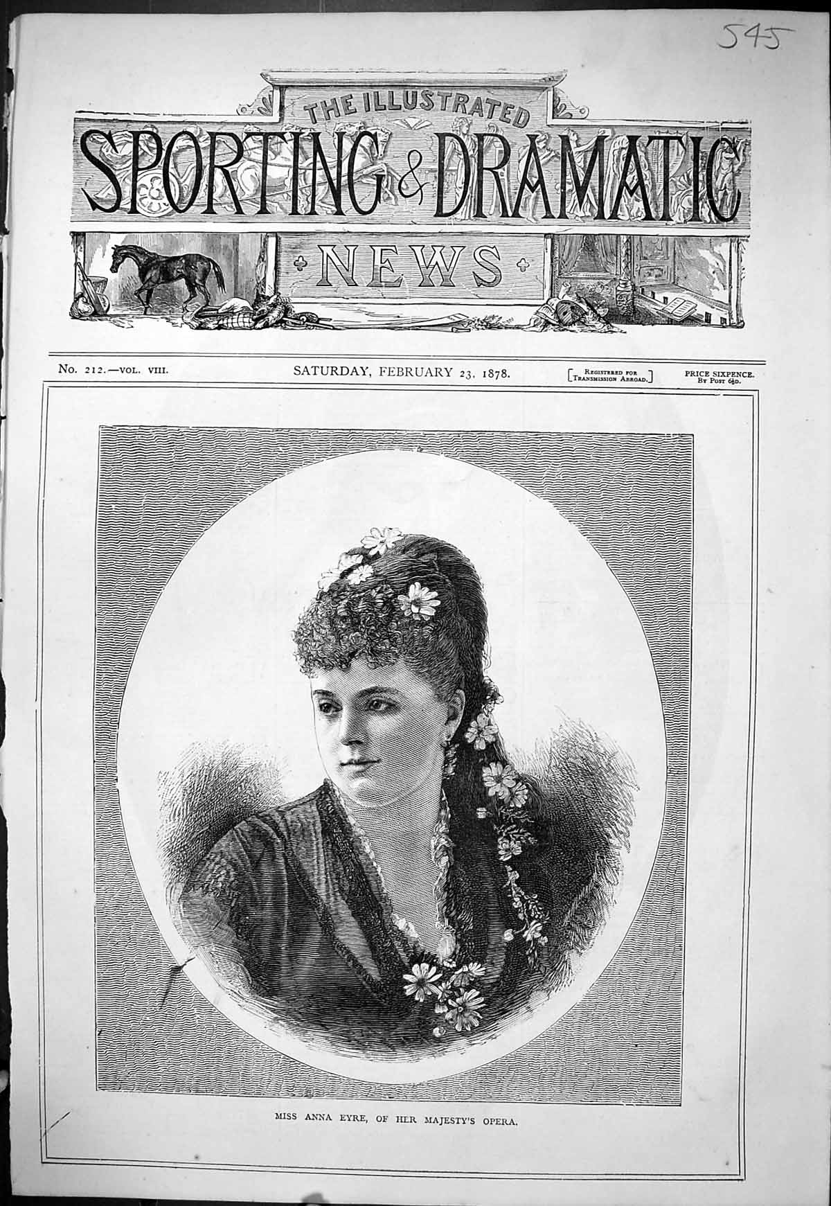 Original Old Antique Print 1878 Portrait Miss Anna Eyre Majesty Opera Theatre