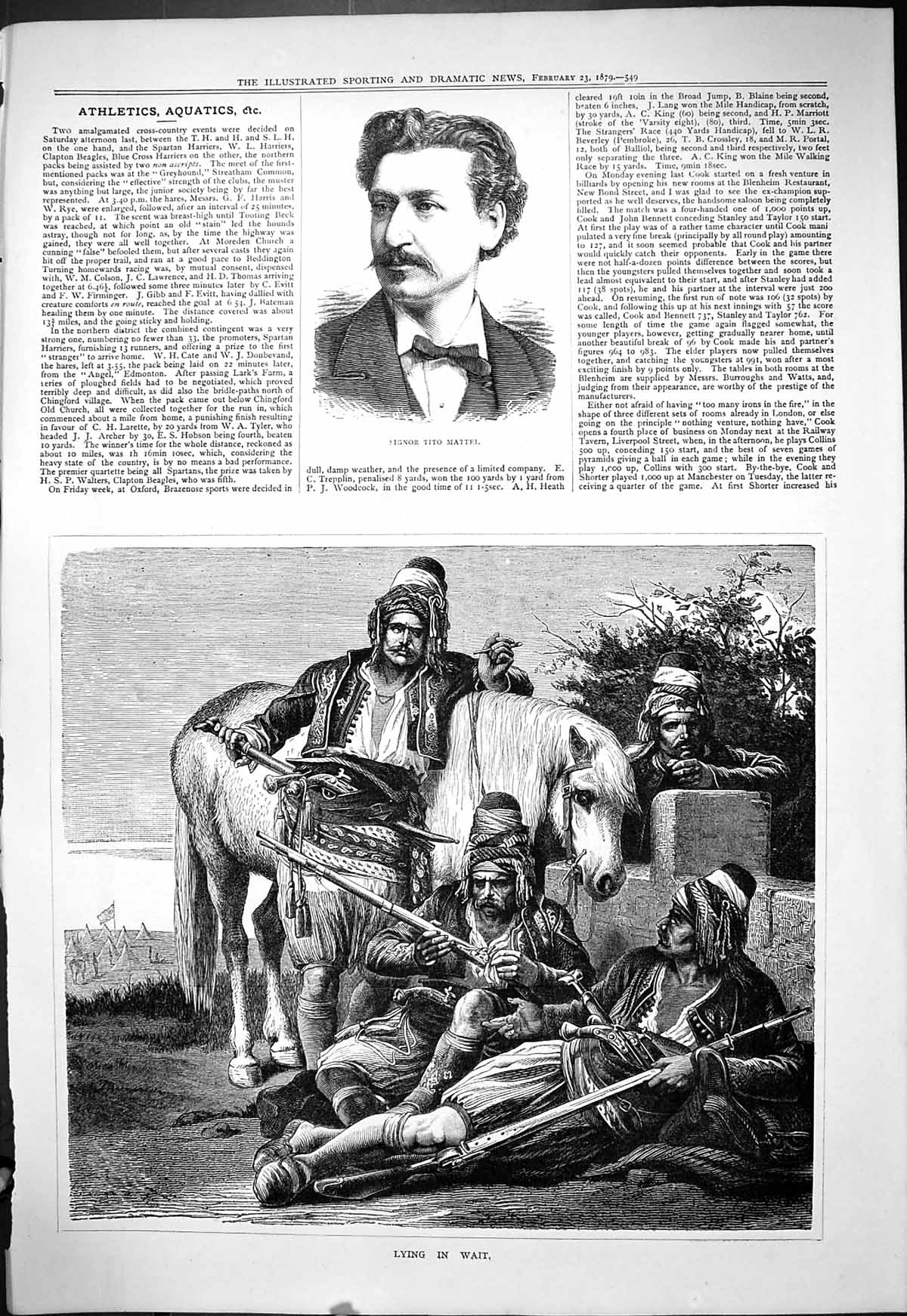 Old Print 1879 Portrait Signor Tito Mattel War Men Lying In Wait Weapons 19th