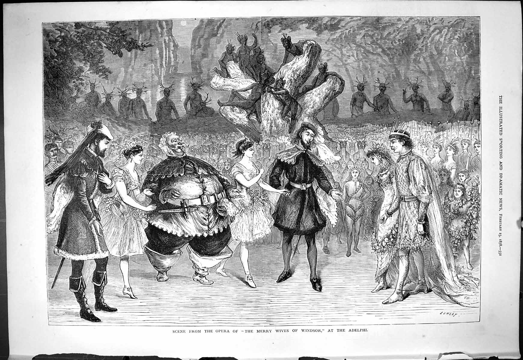 Original Old Antique Print 1878 Scene Opera Merry Wives Windsor Adelphi Theatre