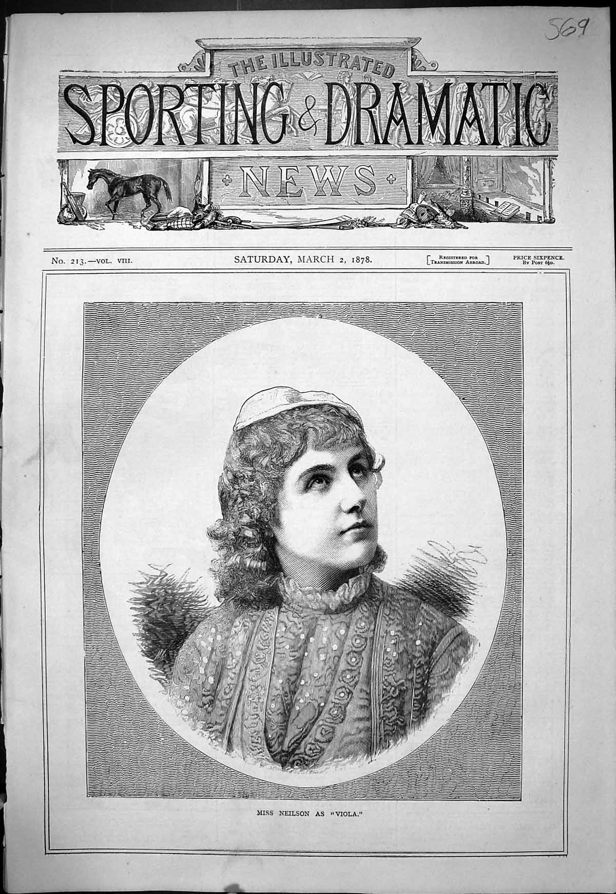 Original Old Antique Print 1878 Portrait Miss Neilson Viola Beautiful Woman