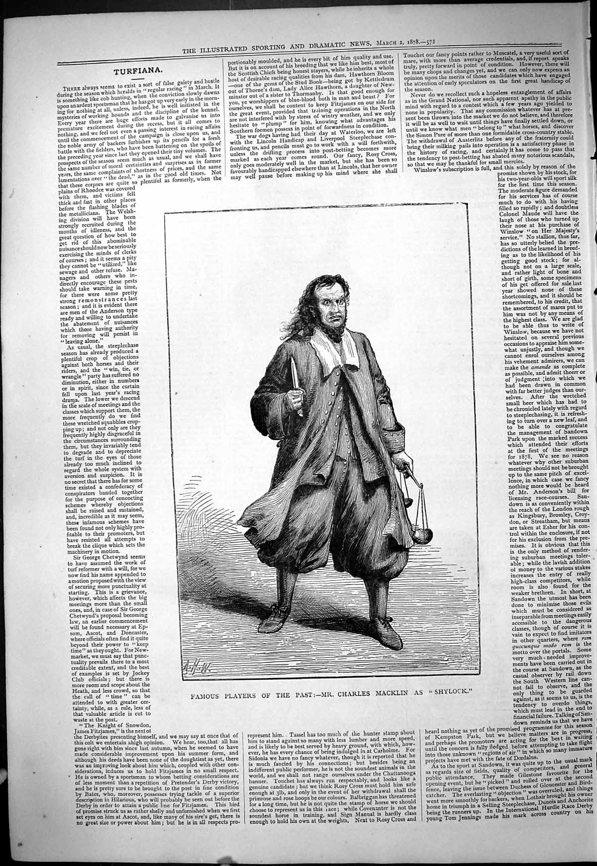 Antique Print 1878 Famous Players Mr Charles Macklin Shylock Theatre Actor 19th