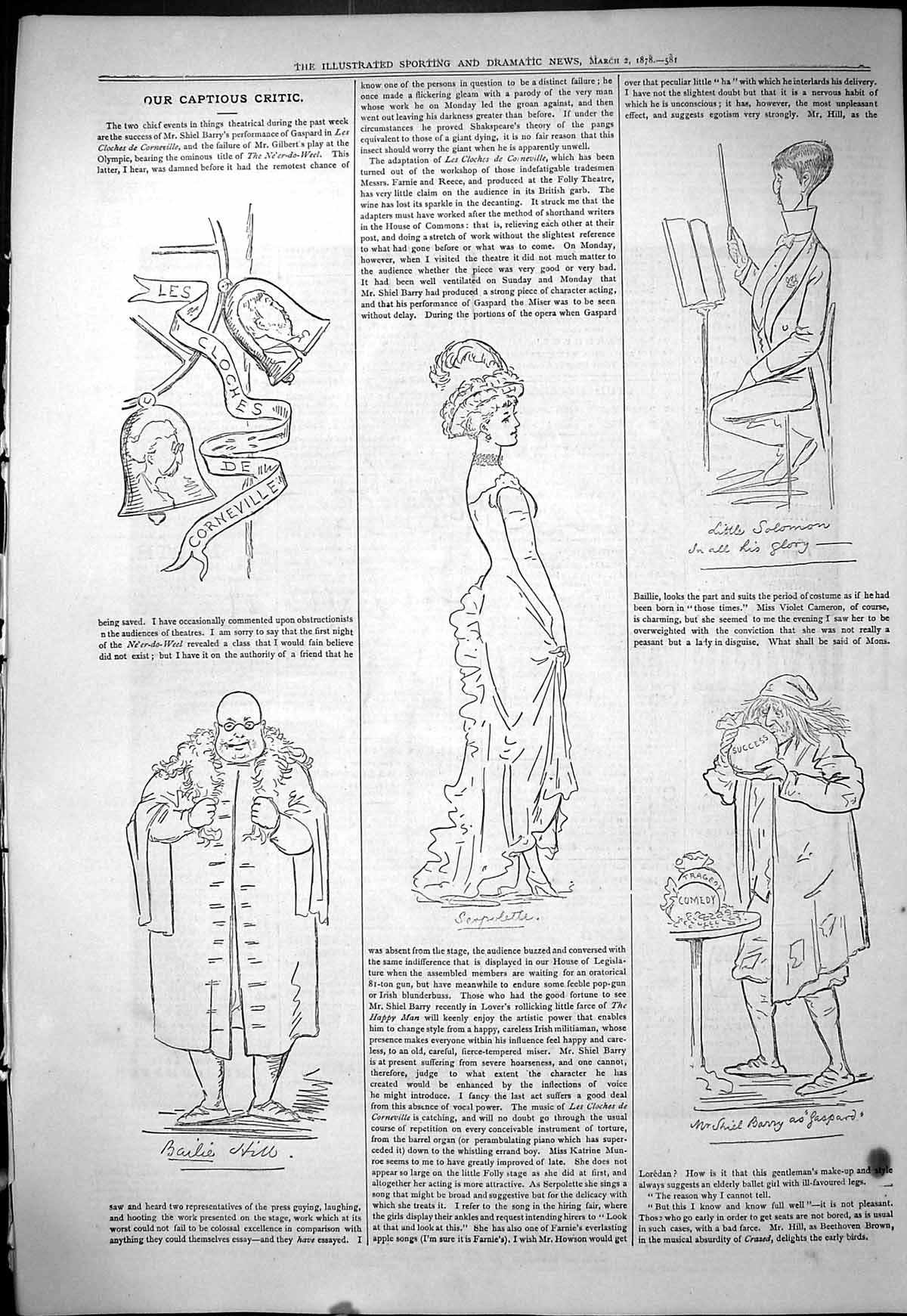 Antique Old Print 1878 Captious Critic Theatre Corneville Barry Hill Actors