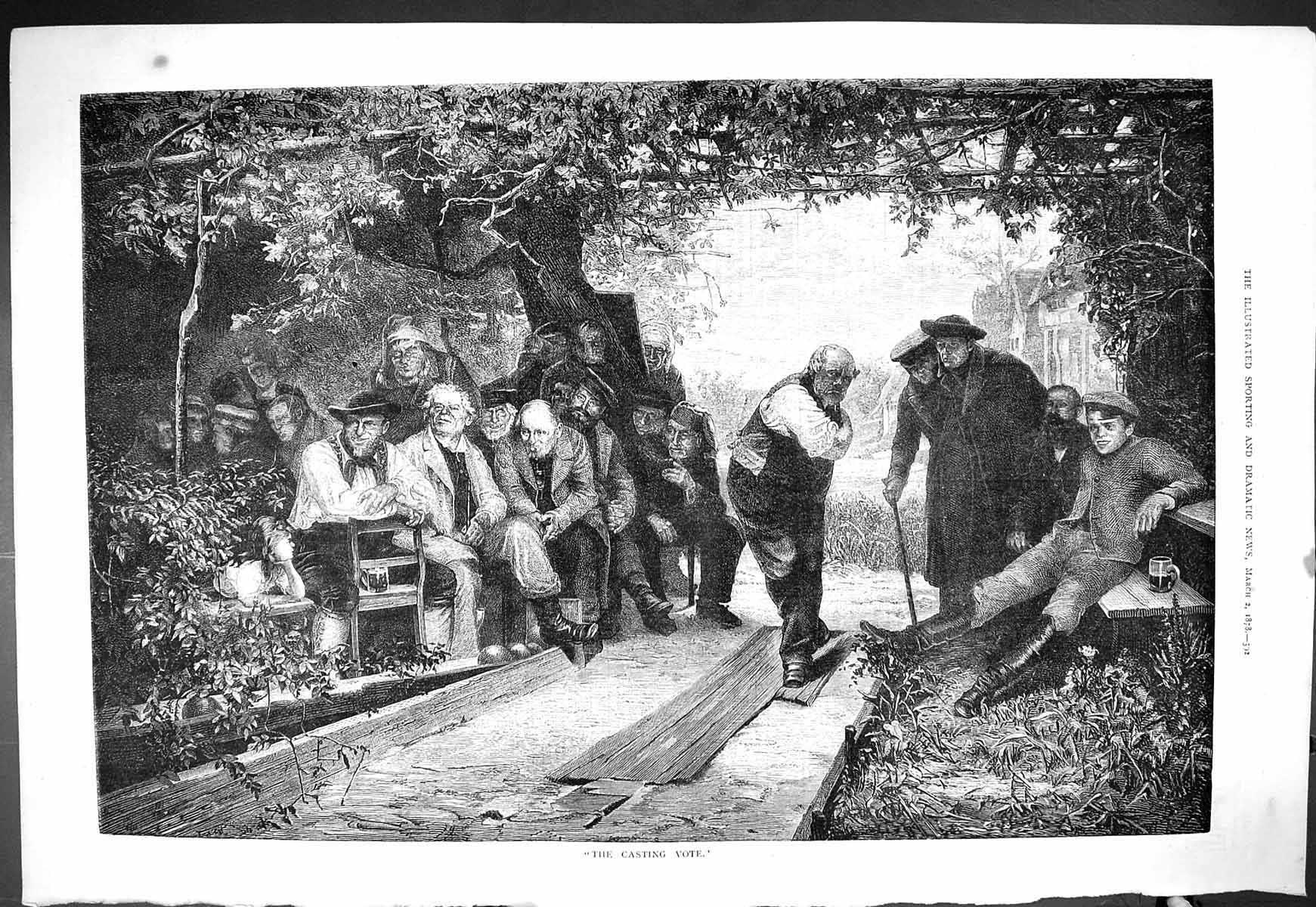 Original Old Antique Print Casting Vote Men Meeting Under Trees 1878 Victorian