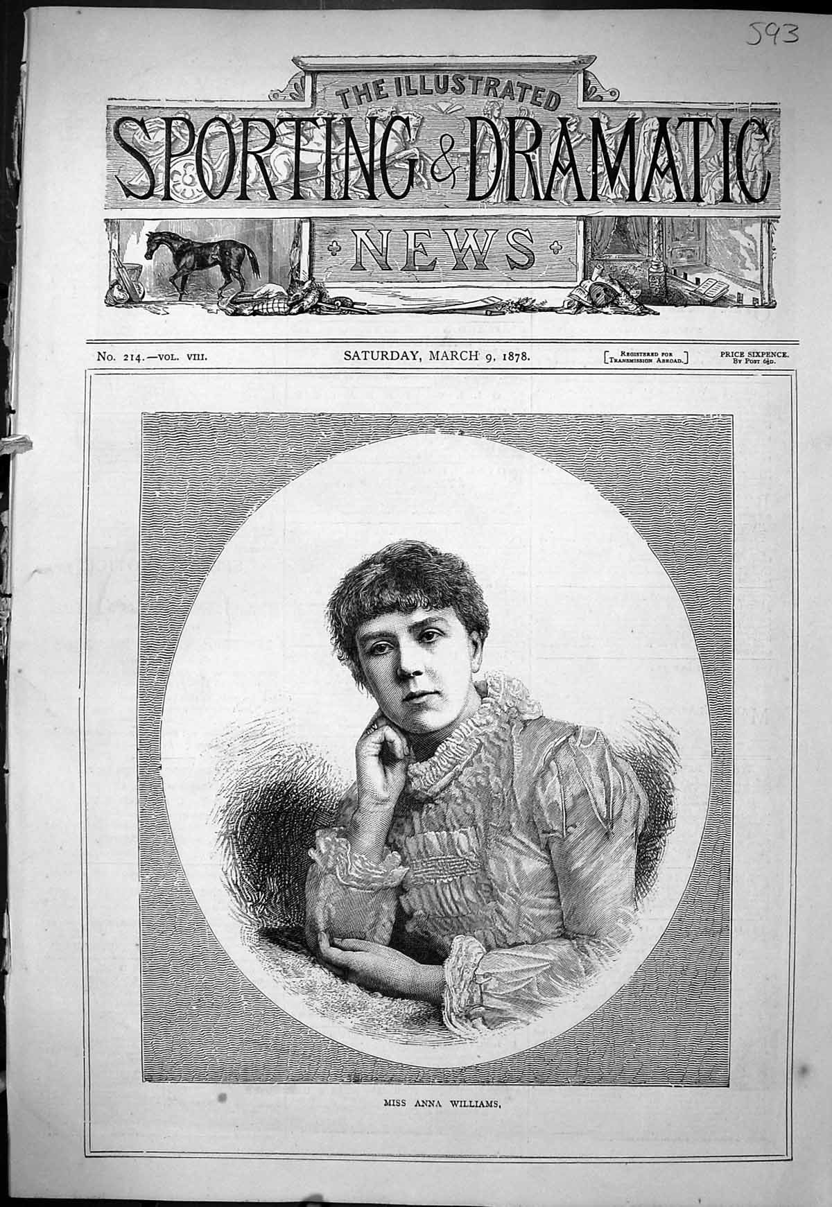 Original Old Antique Print 1878 Portrait Miss Anna Williams Beautiful Woman