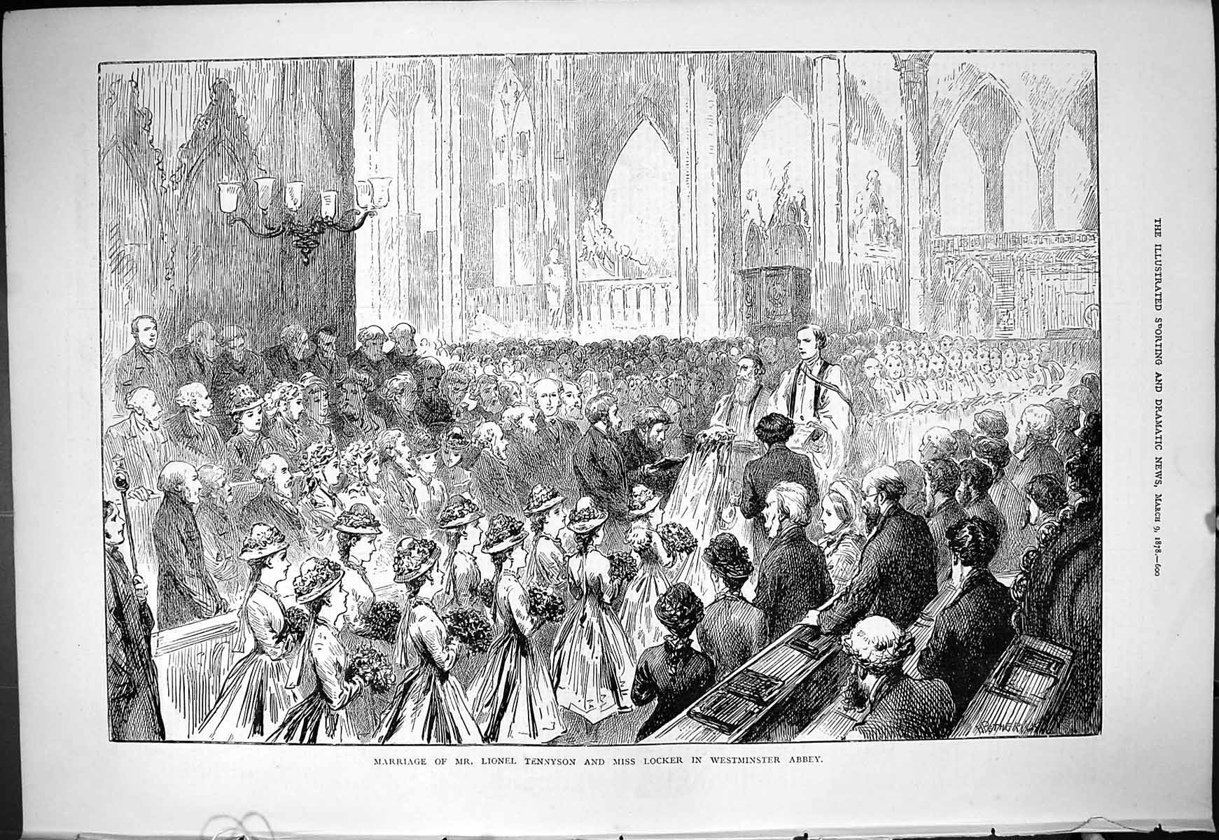 Antique Old Print Marriage Mr Lionel Tennyson Locker Westminster Abbey 1878
