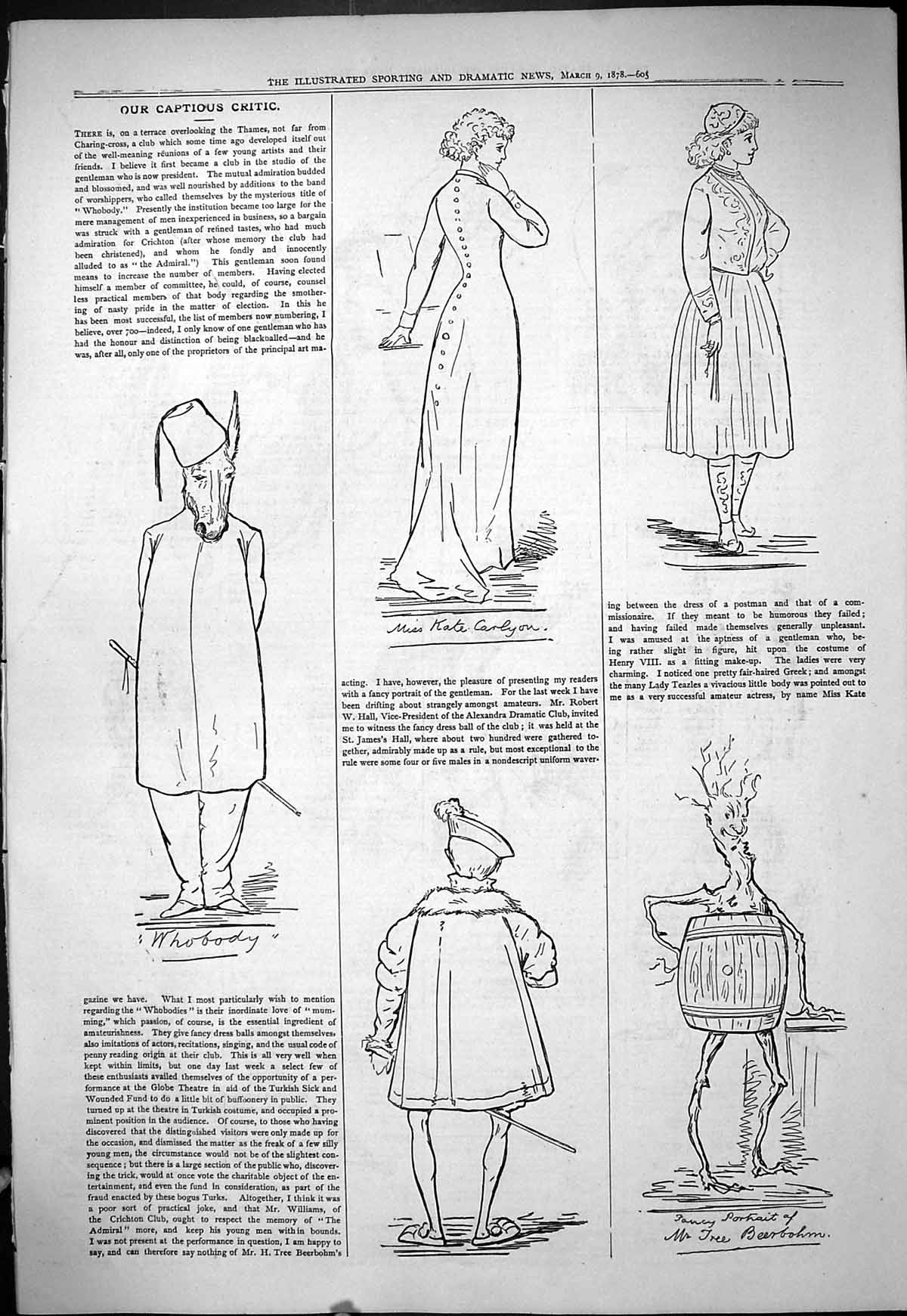 Old Antique Print 1878 Captious Critic Theatre Carlyon Beerbohm Whobody 19th