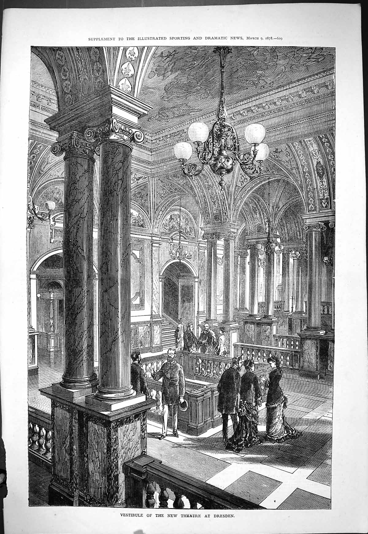 Antique Print 1878 Interior Vestibule Theatre Dresden Germany Architecture 19th