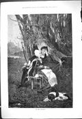 Original Old Antique Print 1878 Twilight Scene Romance Man Woman Pet Dog 19th