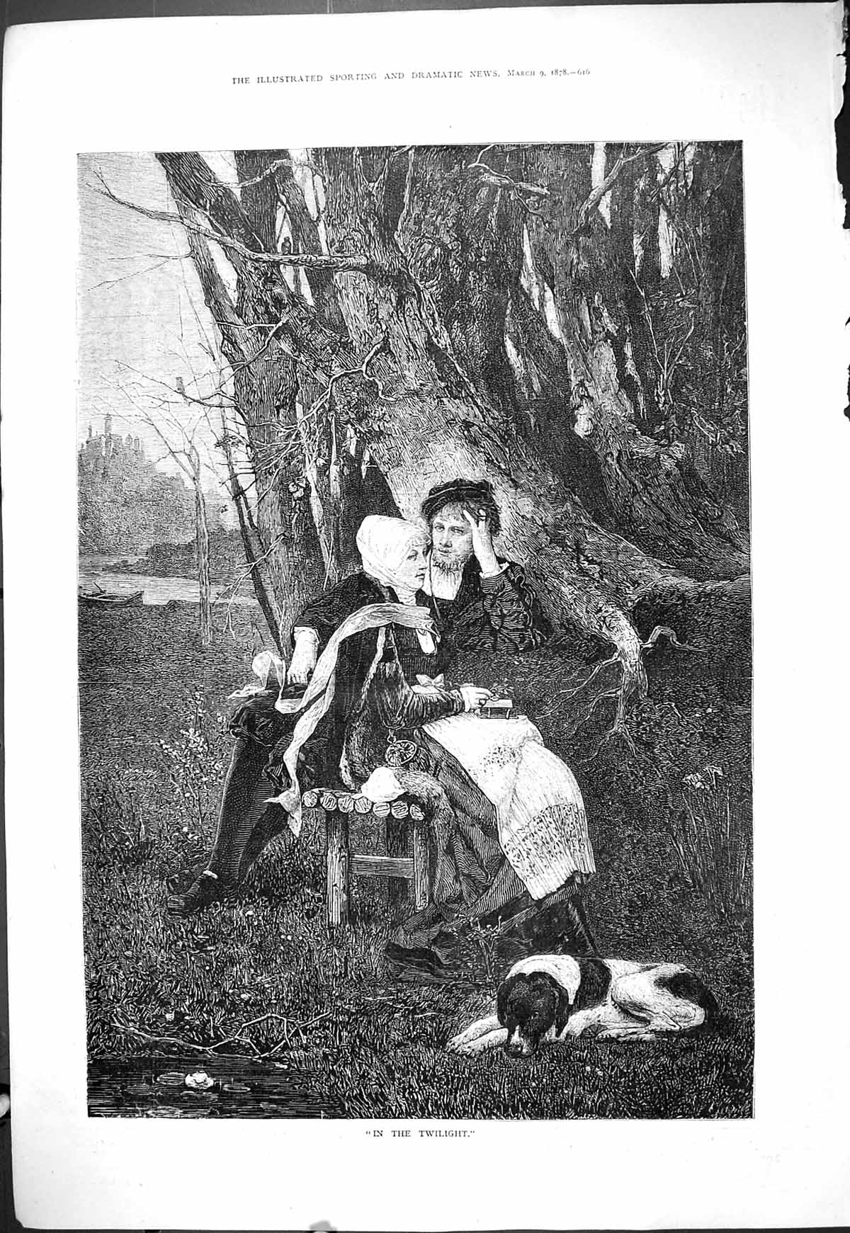 Original Old Antique Print 1878 Twilight Scene Romance Man Woman Pet Dog 19th