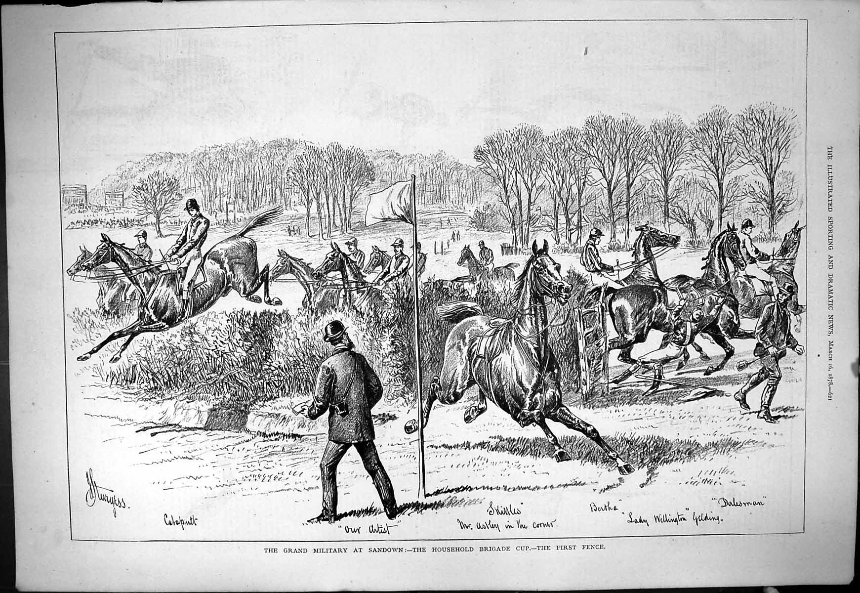 Antique Print 1878 Grand Military Horse Racing Sandown HousehBrigade Cup Be