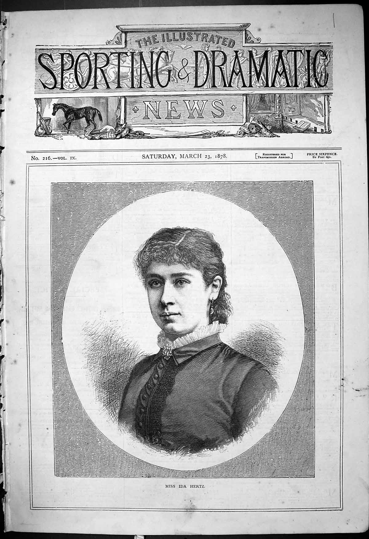 Original Old Antique Print 1878 Portrait Miss Ida Hertz Beautiful Woman 19th