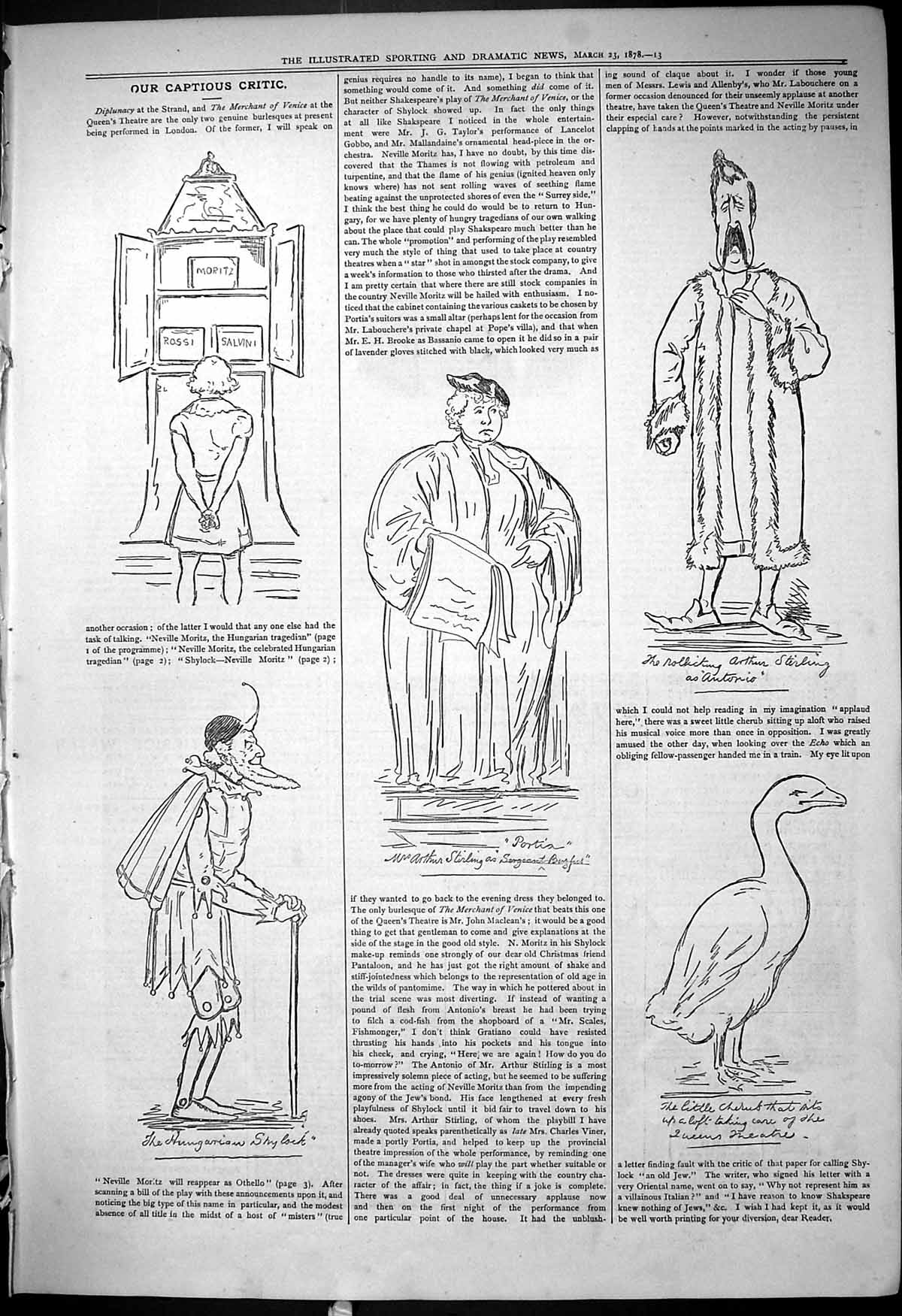 Antique Old Print 1878 Theatre Captious Critic Strand Shylock Merchant Venice