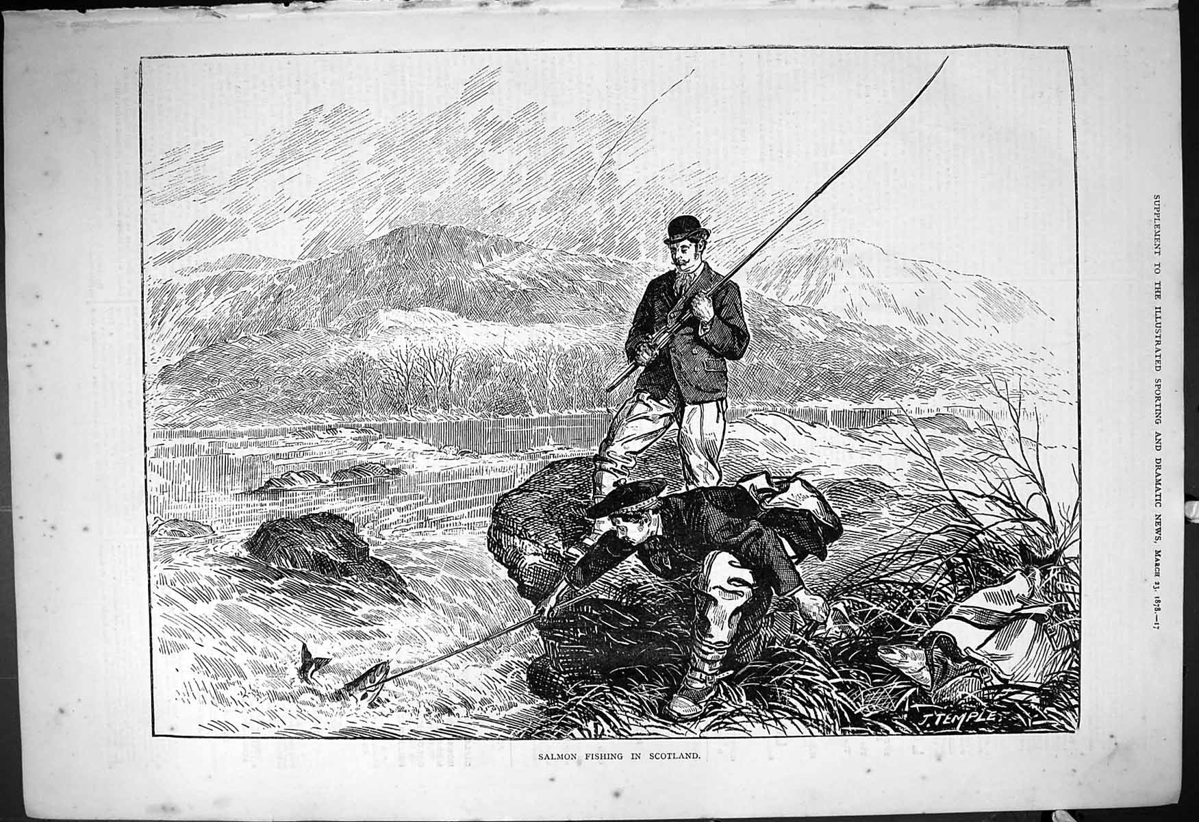 Old Print 1878 Salmon Fishing Scotland River Scene Angling Fishermen Fish 19th