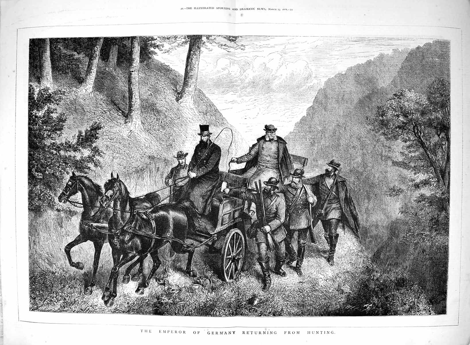 Old Print 1878 Emperor Germany Returning Hunting Mountains Coach Horses 0 19th