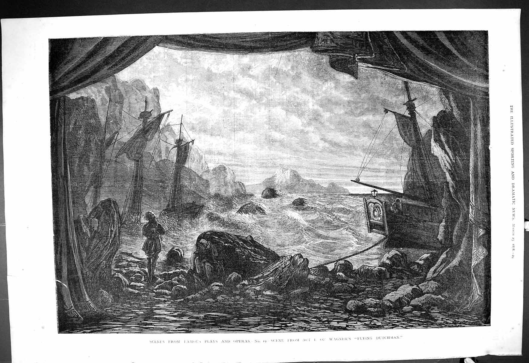 Antique Old Print 1878 Scene Famous Play Opera Wagner Flying Dutchman Theatre