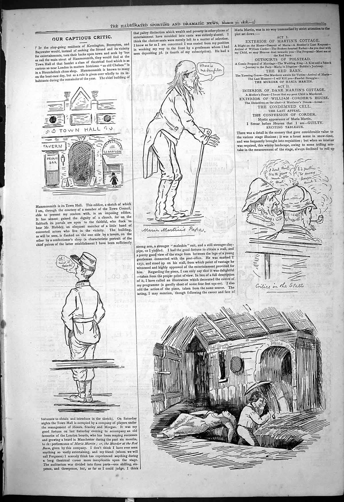 Original Old Antique Print Theatre Captious Critic Town Hall Hammersmith 1878