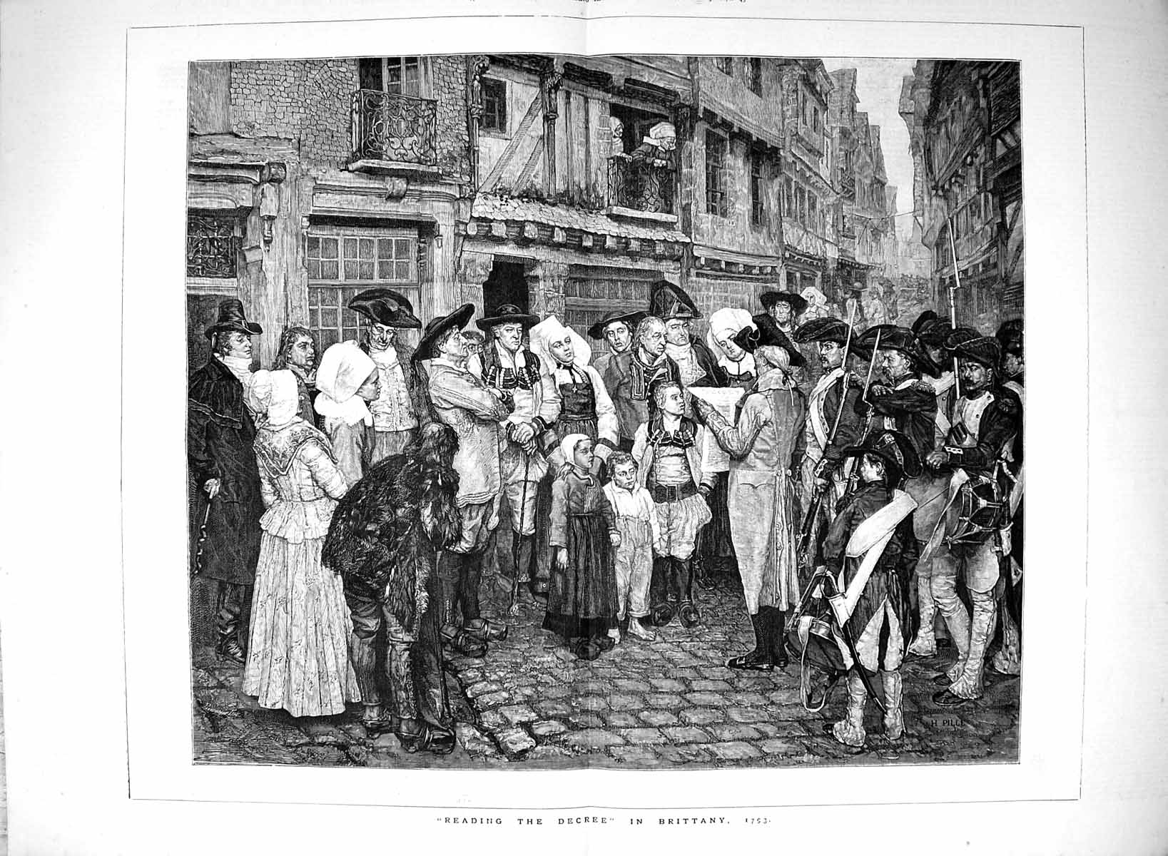 Original Old Antique Print 1878 Street Scene Reading Decree Brittany France 0