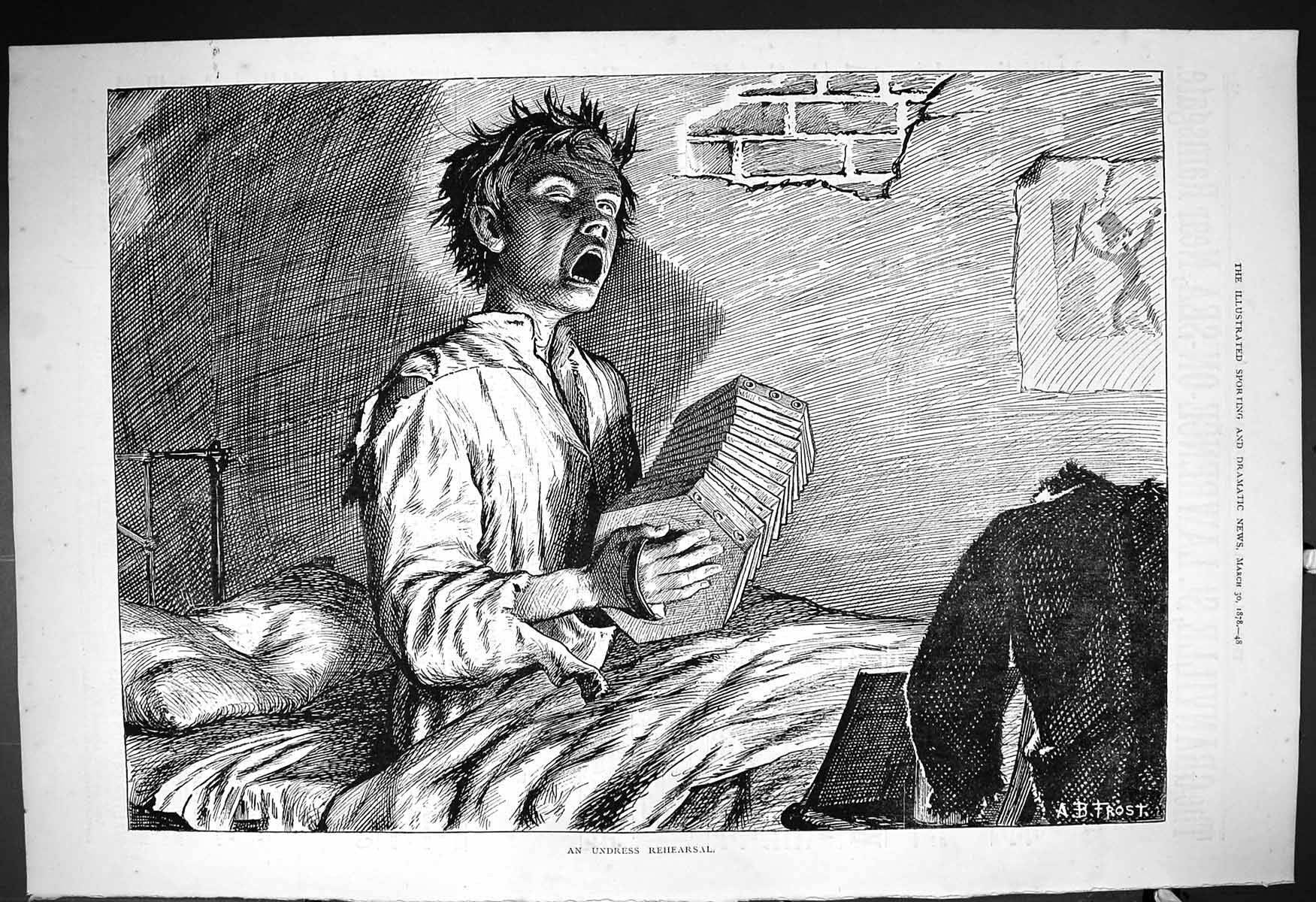 Antique Old Print 1878 Undress Rehearsal Boy Bedroom Scene Music Instrument