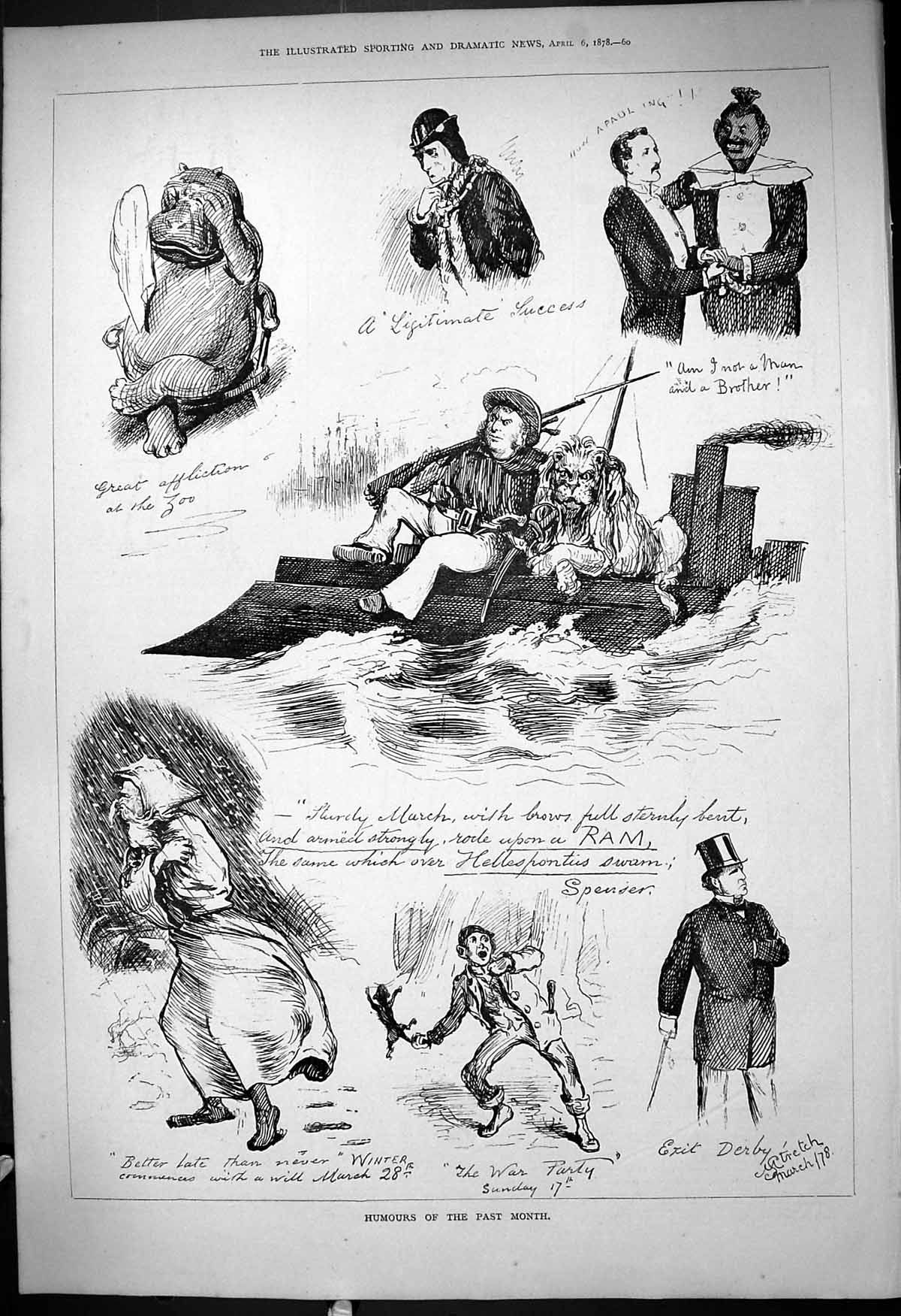 Original Old Antique Print 1878 Humours Month River Boat Winter Snow Scene 19th
