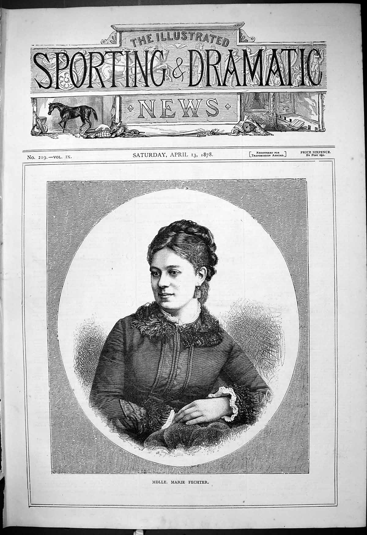 Original Old Antique Print Portrait Mdlle. Marie Fechter Beautiful Woman 1878