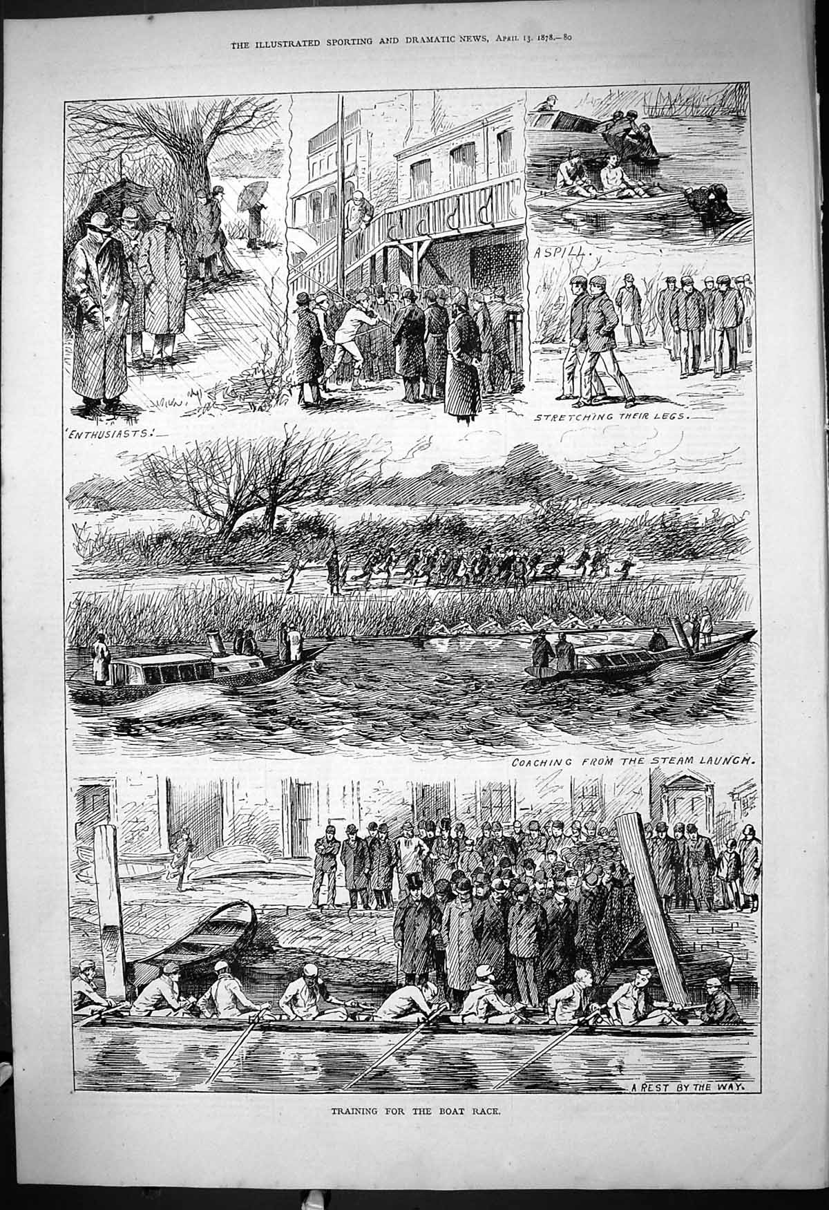Antique Old Print 1878 Boat Race River Training Coaching Steam Launch Sport
