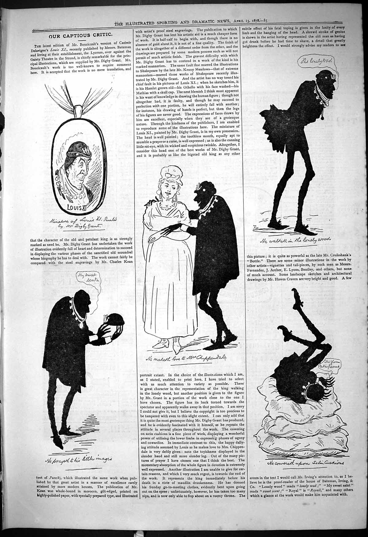 Antique Old Print 1878 Theatre Captious Critic Louis Chippendale Silhouettes