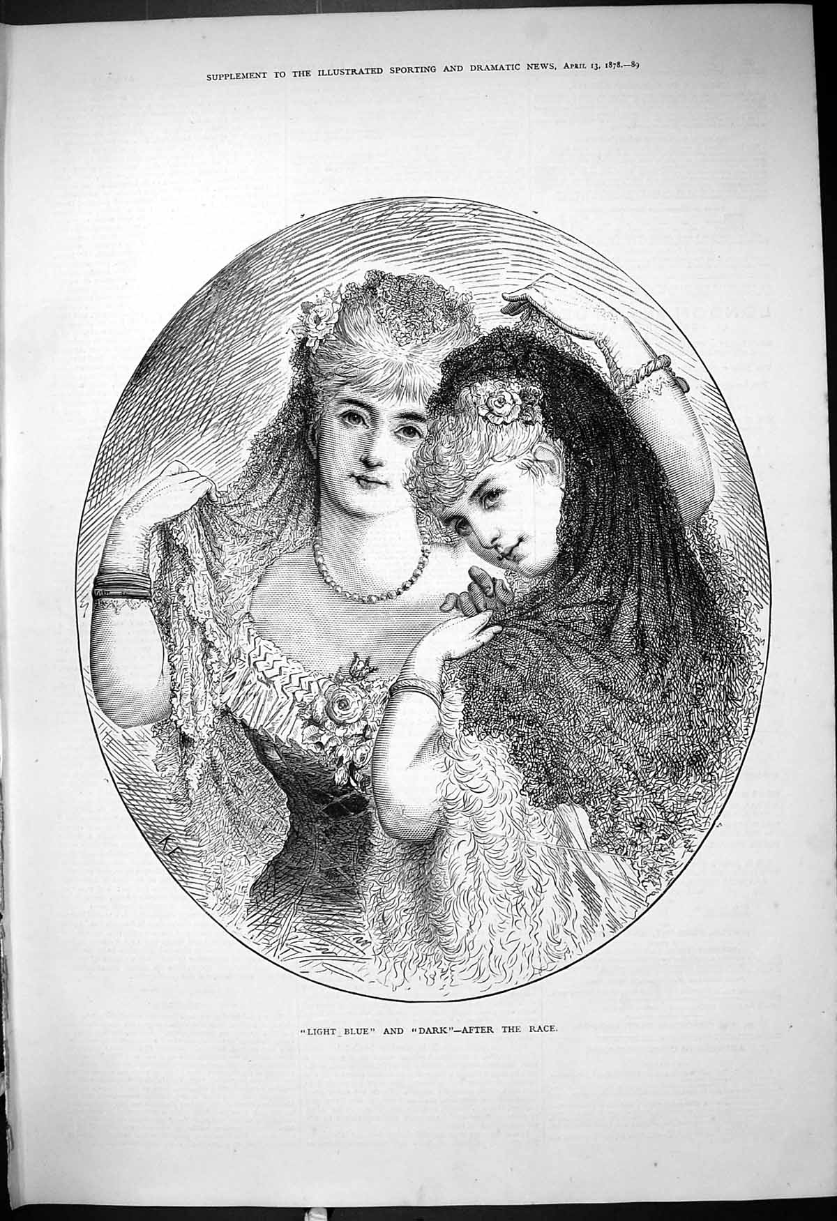 Original Old Antique Print 1878 Light Blue Dark After Race Beautiful Women 19th