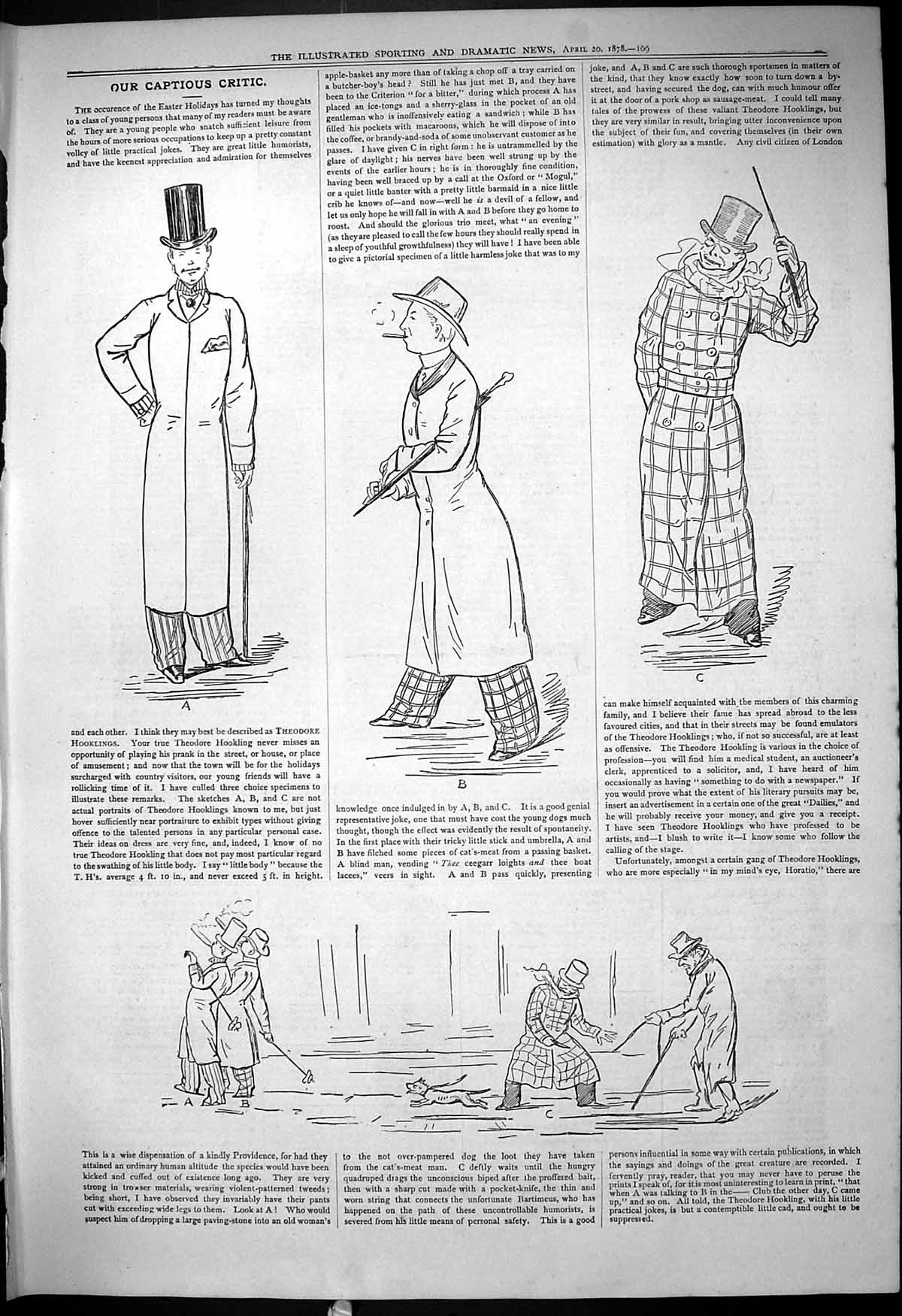 Original Old Antique Print 1878 Theatre Captious Critic Men Fashion Victorian