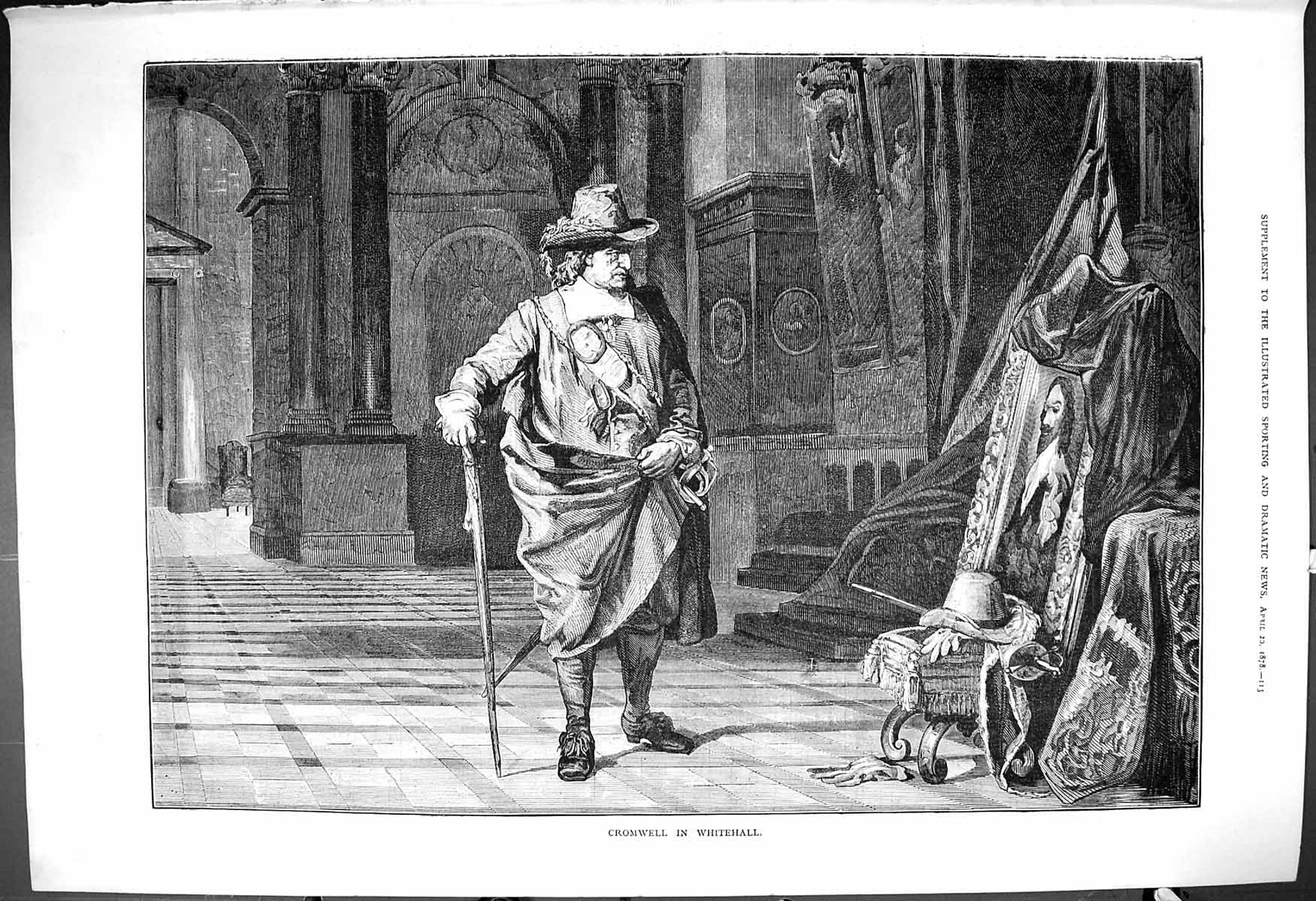 Original Old Antique Print 1878 Cromwell Whitehall Art Painting 19th