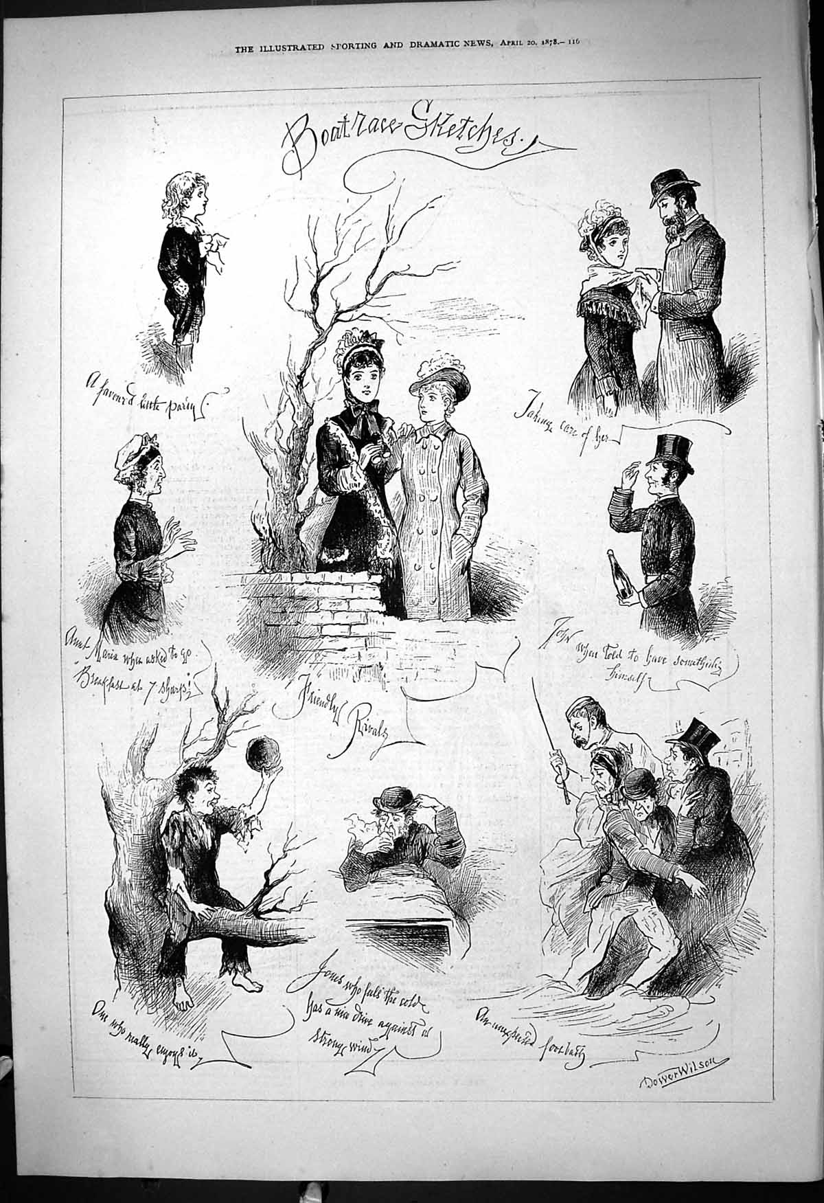Original Old Antique Print 1878 Boat Race Sketches Spectators Dower Wilson 19th