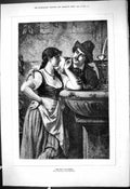 Original Old Antique Print 1878 Story Men Lady Romance Hildebrand Victorian