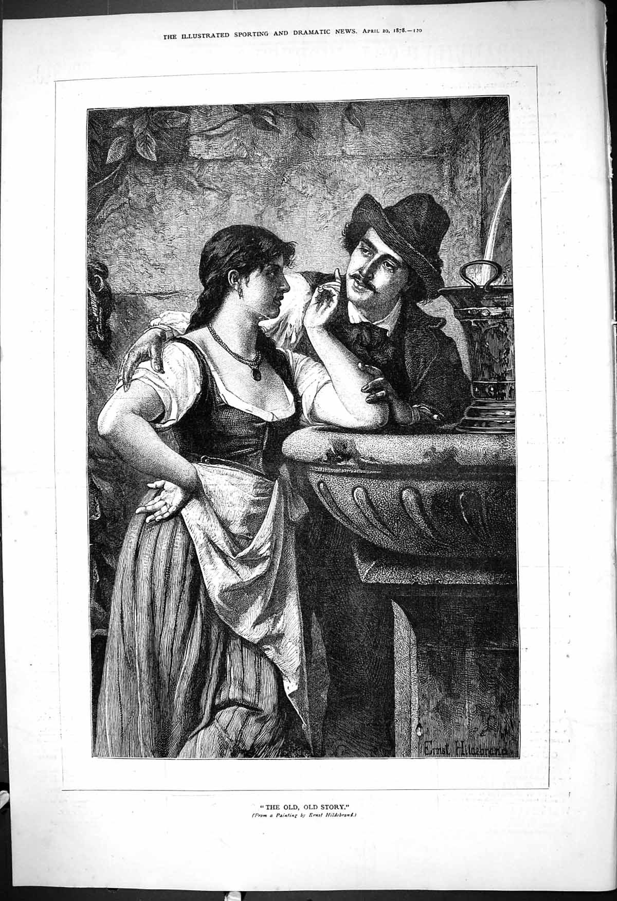 Original Old Antique Print 1878 Story Men Lady Romance Hildebrand Victorian