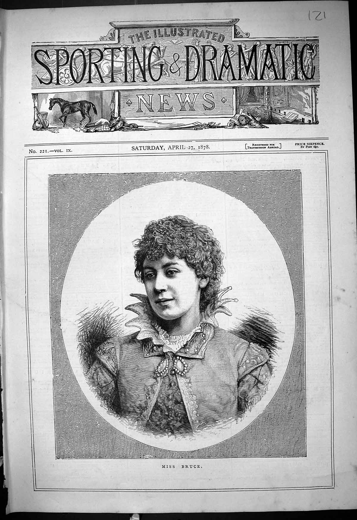 Original Old Antique Print 1878 Portrait Miss Bruce Beautiful Woman Victorian