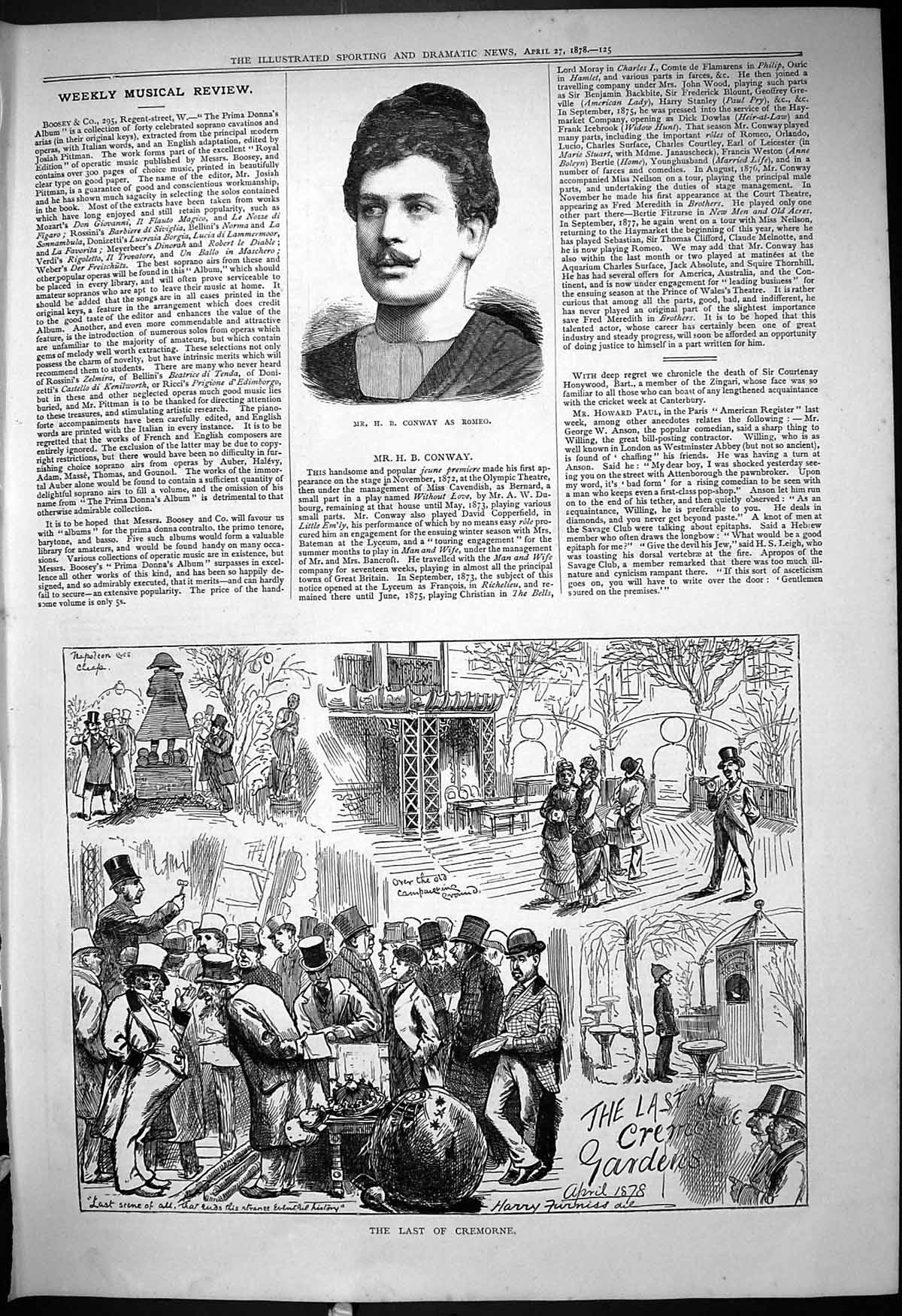 Original Old Antique Print 1878 Portrait Conway Romeo Cremorne Gardens 19th