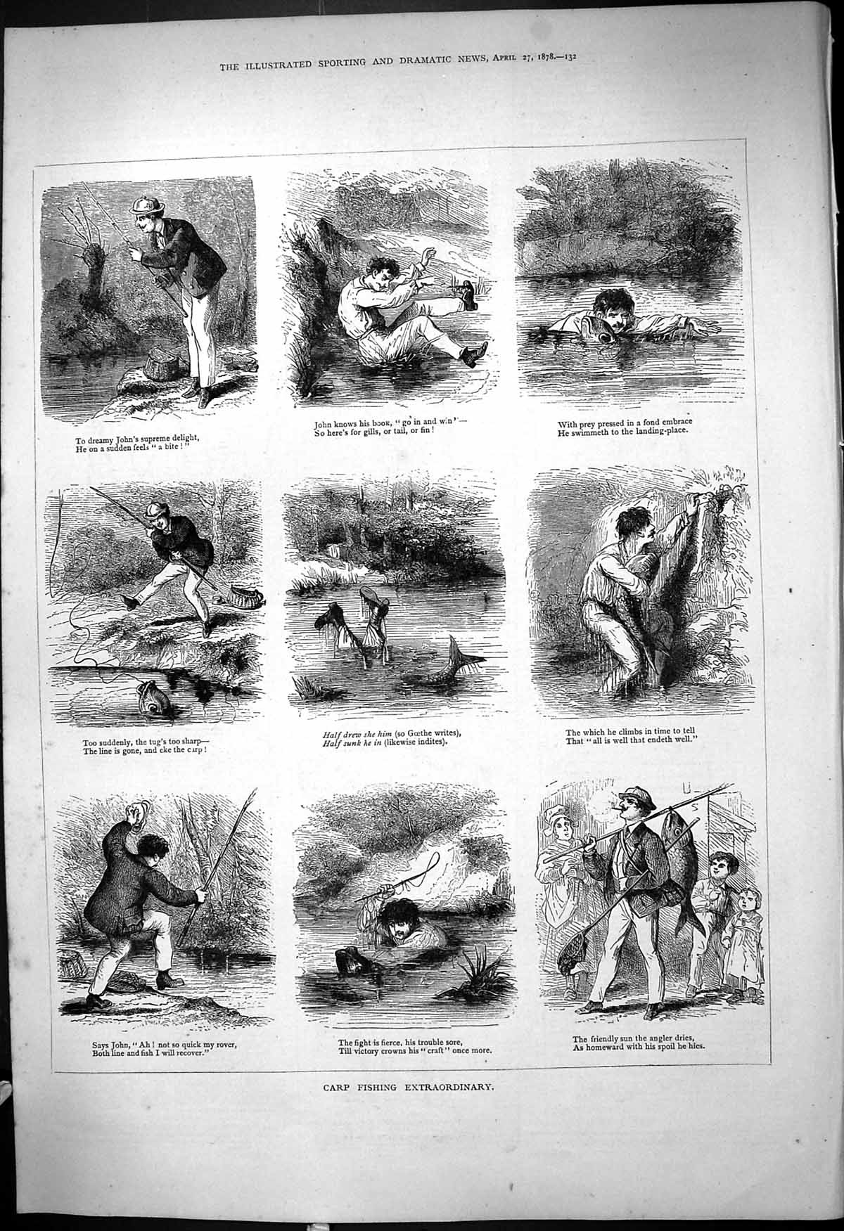 Antique Print 1878 Carp Fishing Extraordinary Angling Fishermen River Scene