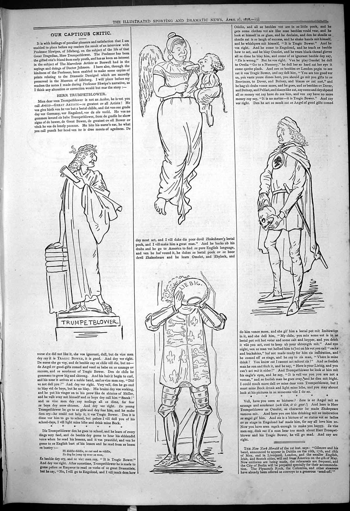 Original Old Antique Print 1878 Theatre Captious Critic Trumpet Blower 19th