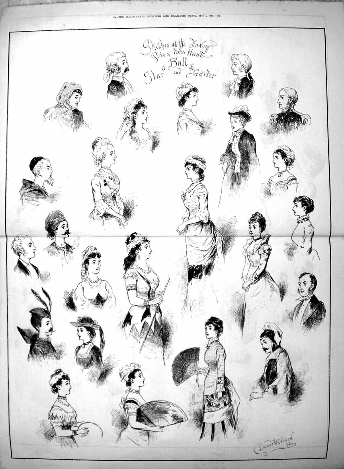 Old Print 1878 Portrait Sketches Fancy Polo Dress Hunt Ball Star Garter 19th