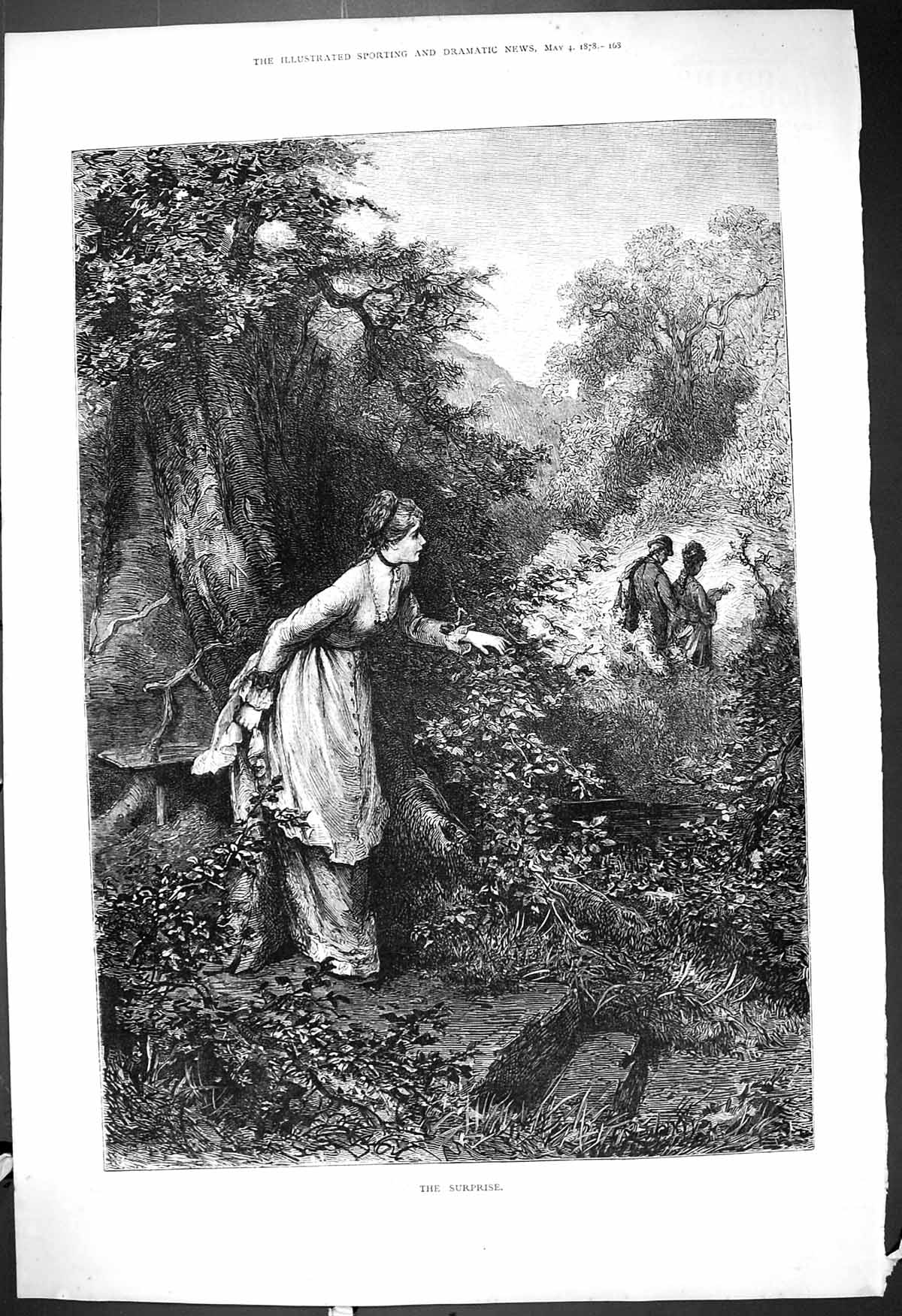 Original Old Antique Print 1878 Surprise Man Lady Romance Countryside Nature