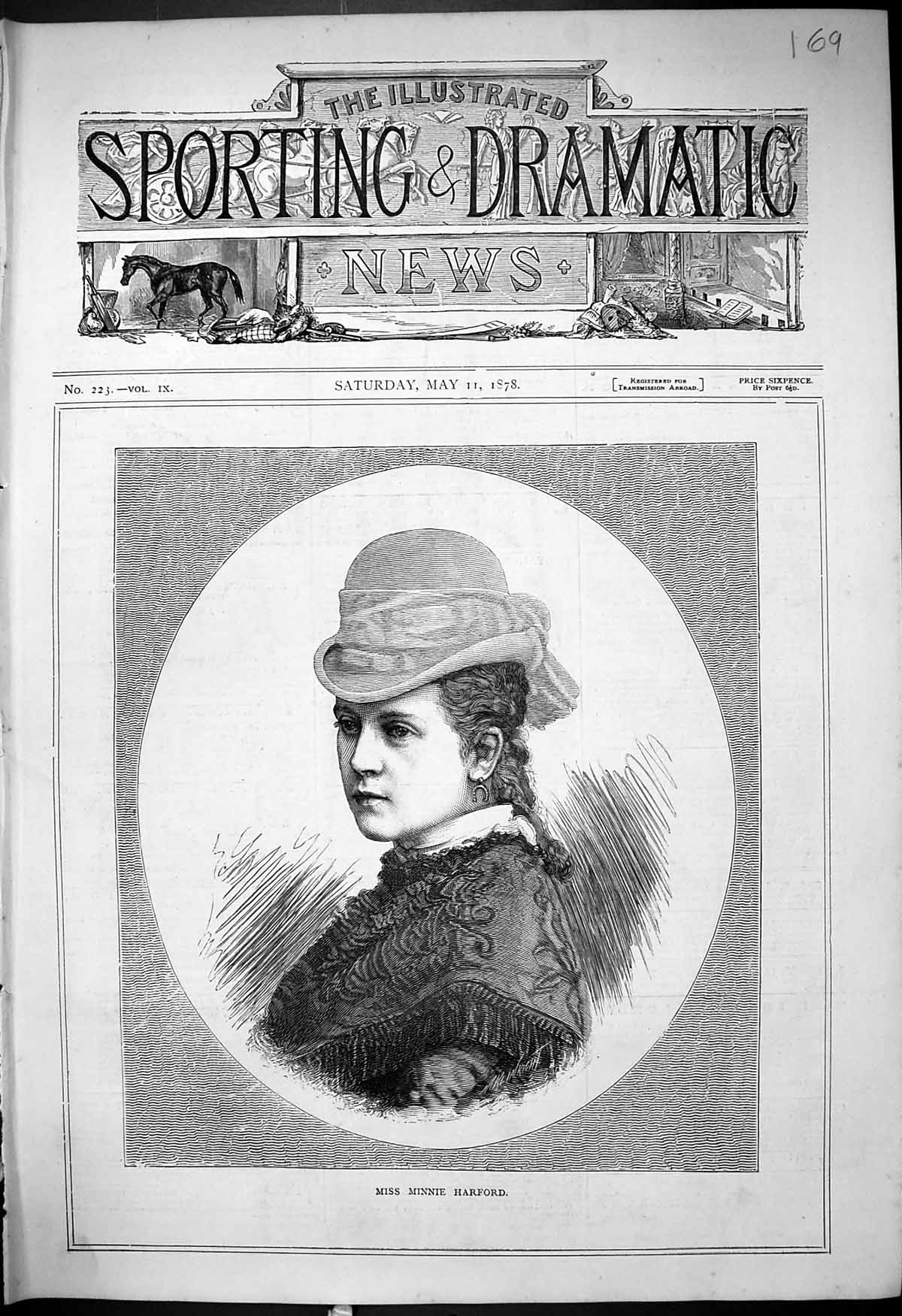 Original Old Antique Print Portrait Beautiful Woman Miss Minnie Harford 1878