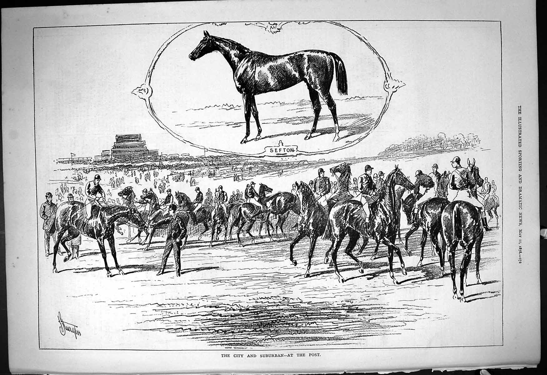 Original Old Antique Print 1878 City Suburban Horse Racing Sefton Sport Jockeys