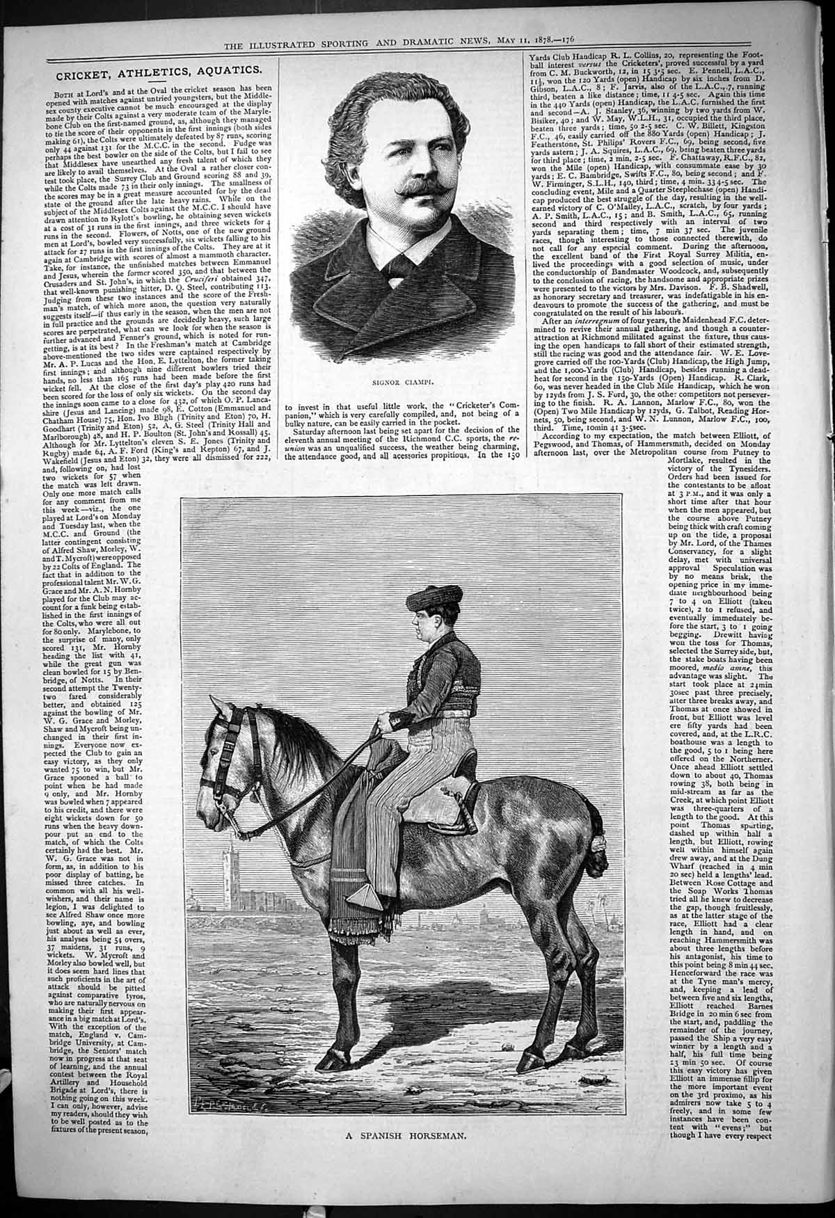 Original Old Antique Print 1878 Portrait Signor Ciampi Spanish Horseman Horse