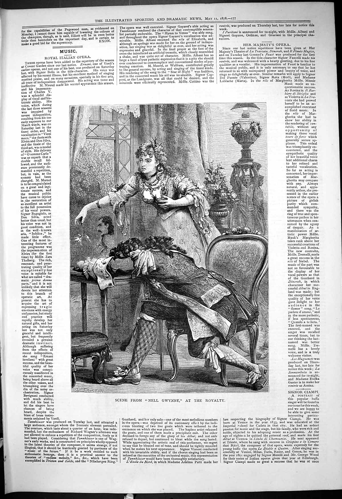Original Old Antique Print 1878 Scene Nell Gwynne Royalty Theatre Actress 19th