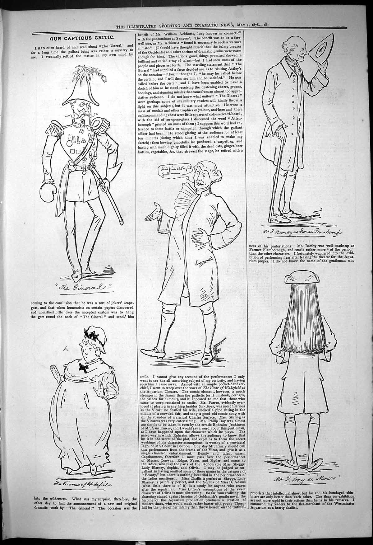 Original Old Antique Print 1878 Theatre Captious Critic Gineral Day Moses 19th