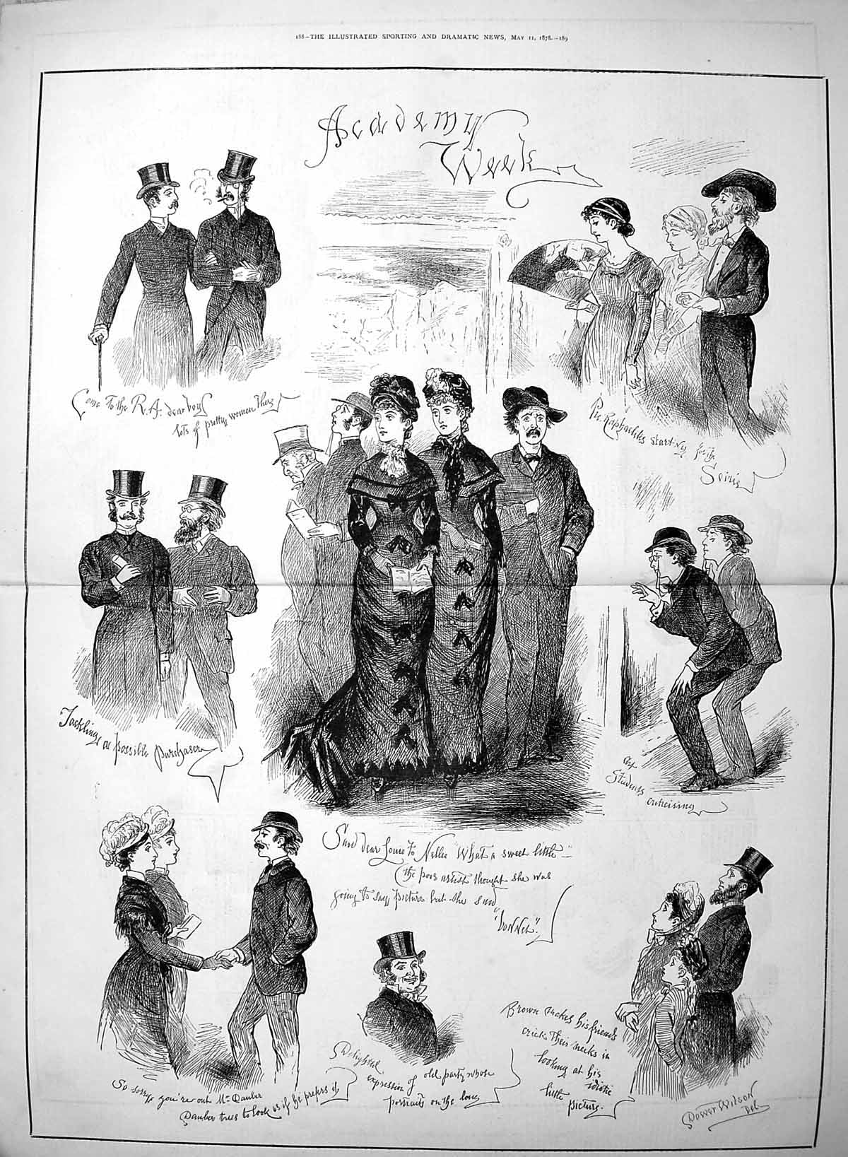 Old Antique Print 1878 Sketches Academy Week Louie Nellie Romance Brown 19th