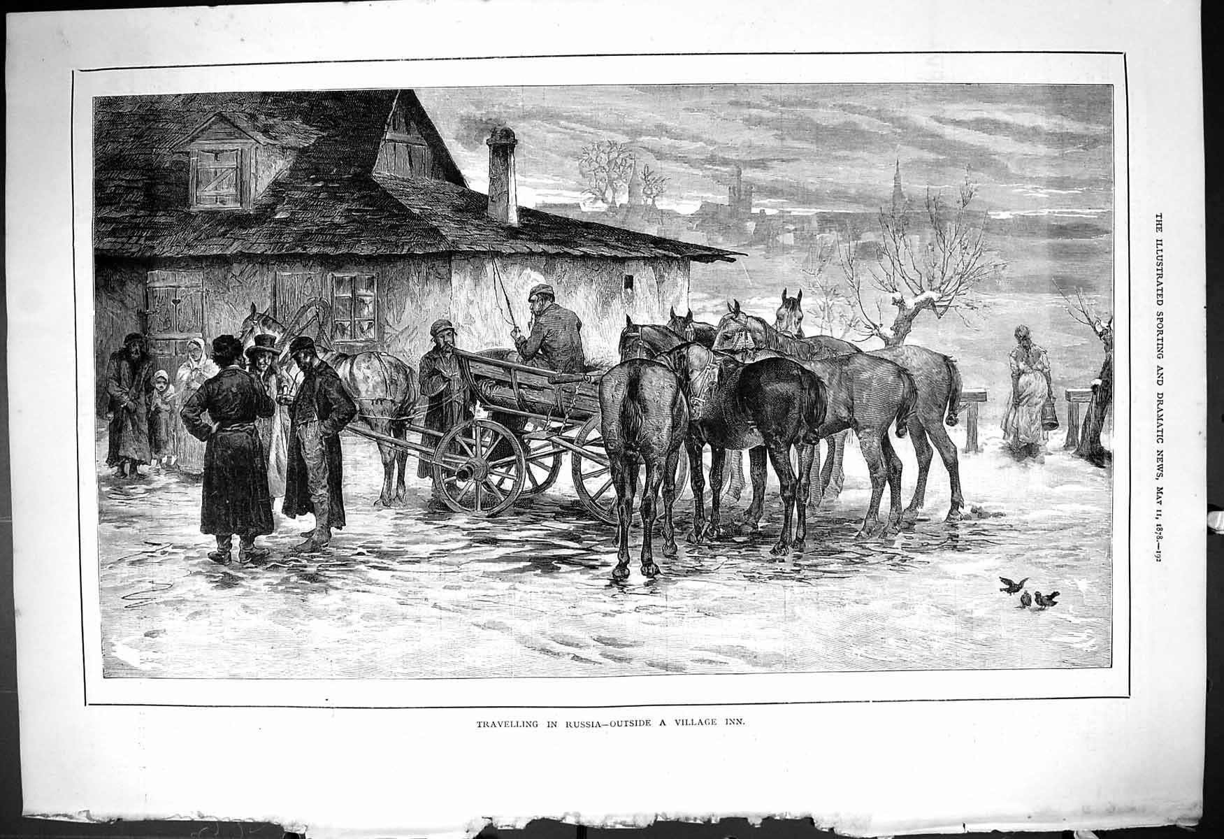 Old Travelling Russia Scene Outside Village Inn Horses Transport 1878 Victorian