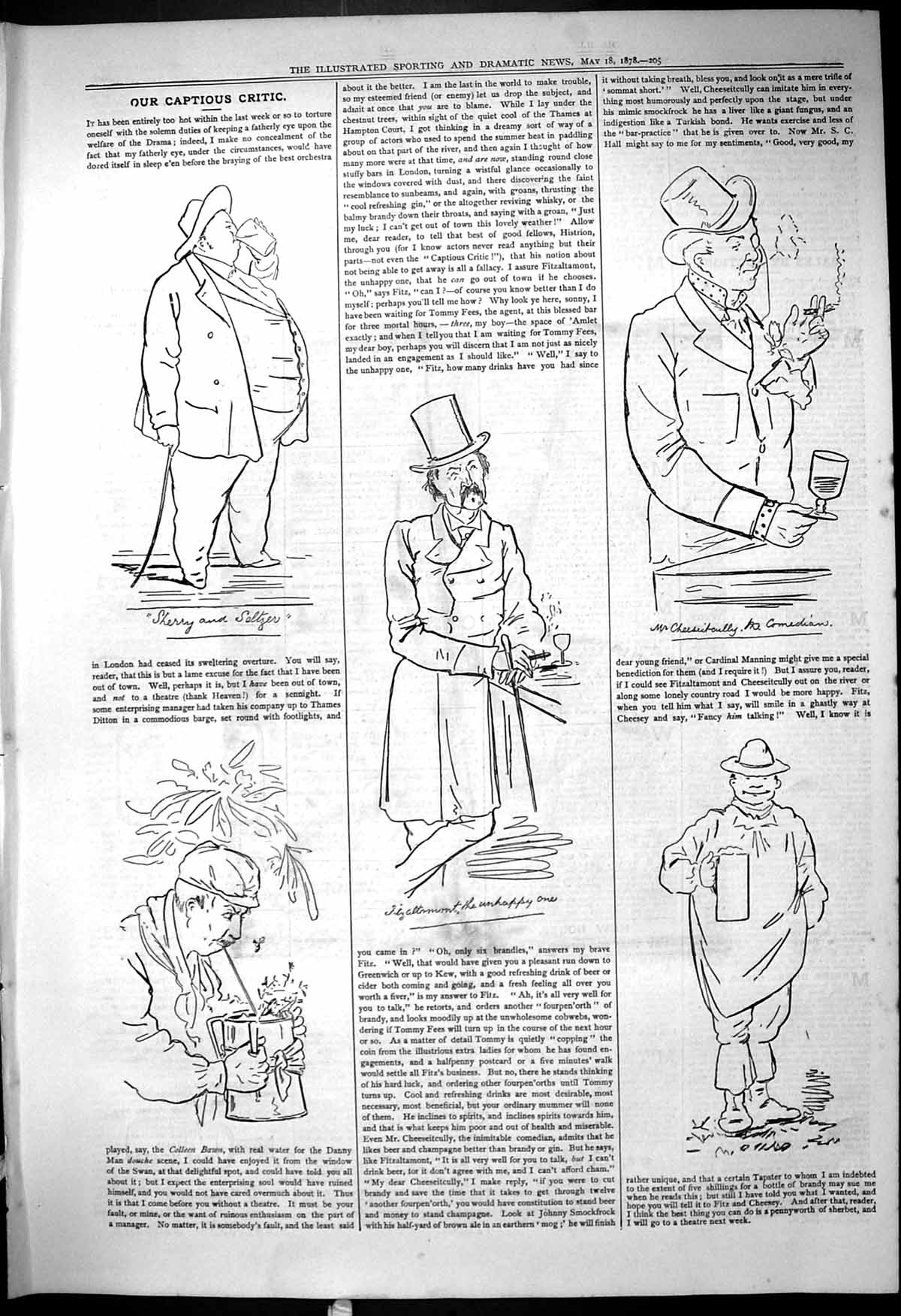 Original Old Antique Print 1878 Theatre Captious Critic Sherry Smoking Comedian