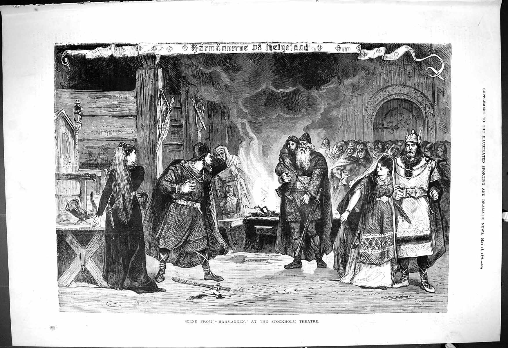 Original Old Antique Print Scene Harmannen Stockholm Theatre Actors 1878 19th