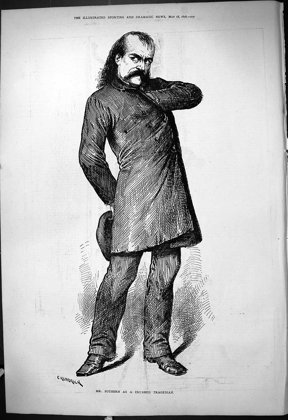 Antique Old Print 1878 Portrait Mr Southern Crushed Tragedian Theatre Actor