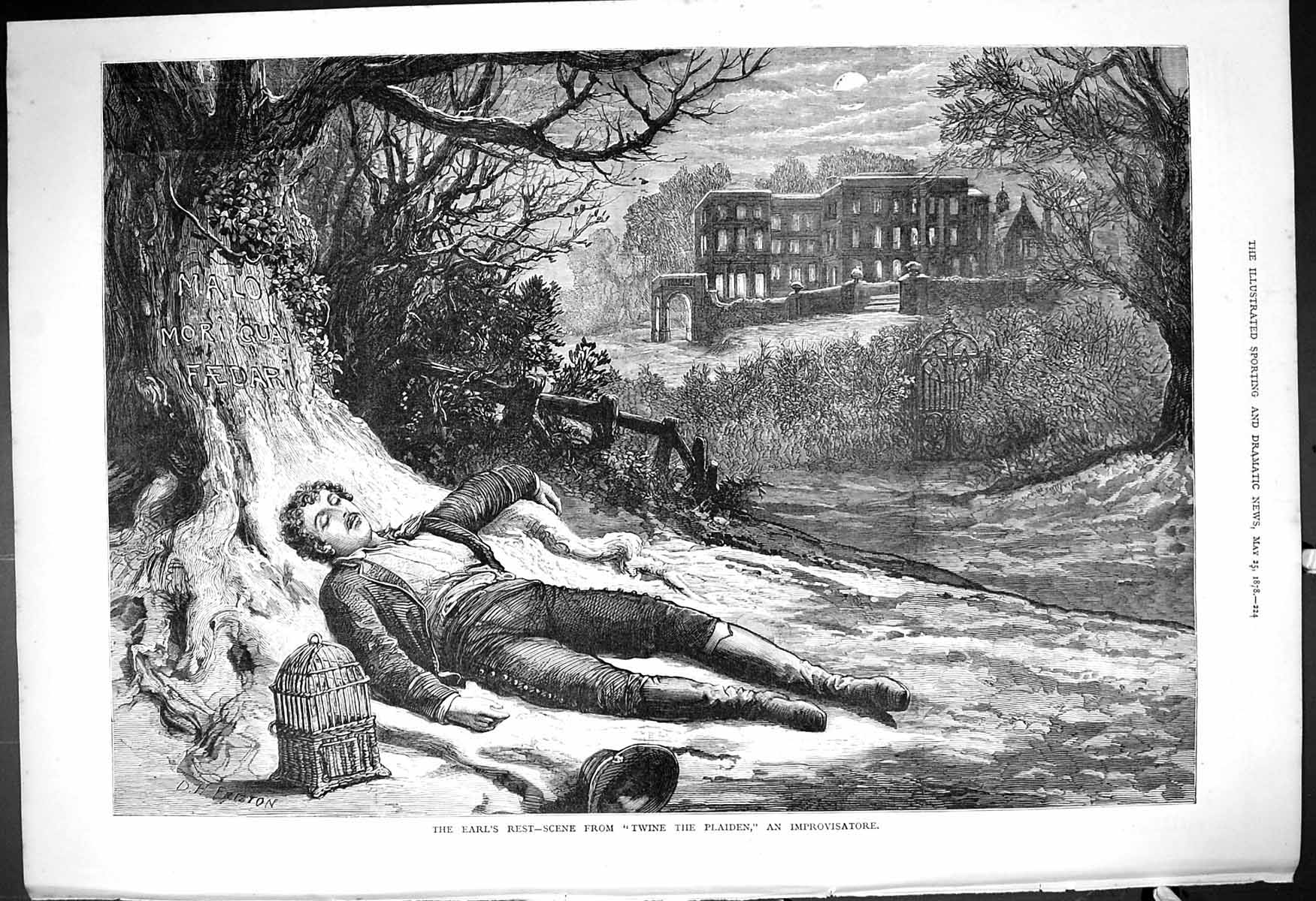 Antique Old Print Earl'S Rest Scene Twine Plaiden Improvisatore Theatre 1878