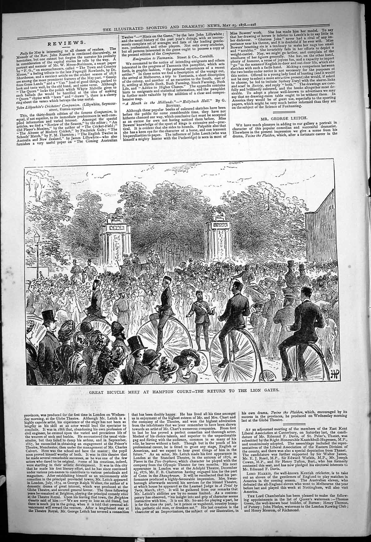 Original Old Antique Print 1878 Bicycle Meet Hampton Court Return Lion Gates